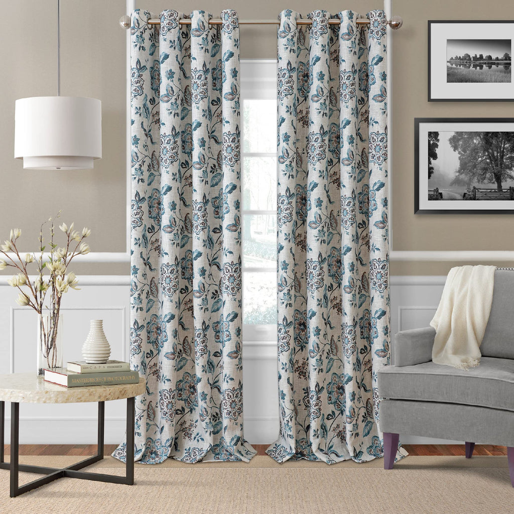 Elrene Home Fashions Sorrento Jacobean Floral Room-Darkening Window Curtain, 52 in x 95 in, Blue/Taupe