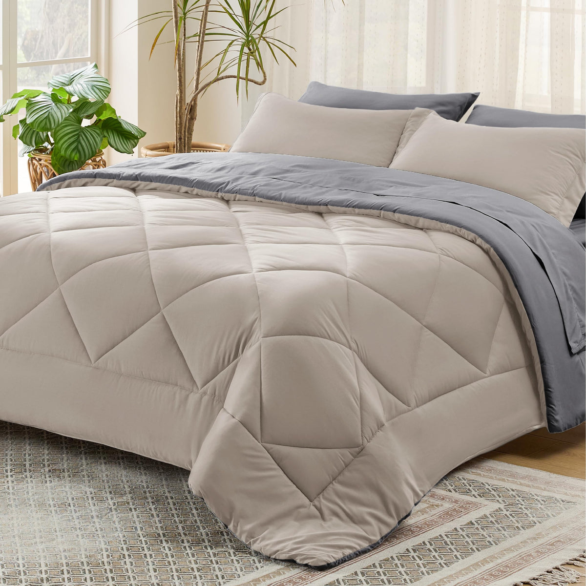 Bedsure Beige Twin Comforter Sets - 5 Pieces Reversible Twin Bedding Sets For College, Beige Extra Long Bed Set Twin With Comfor
