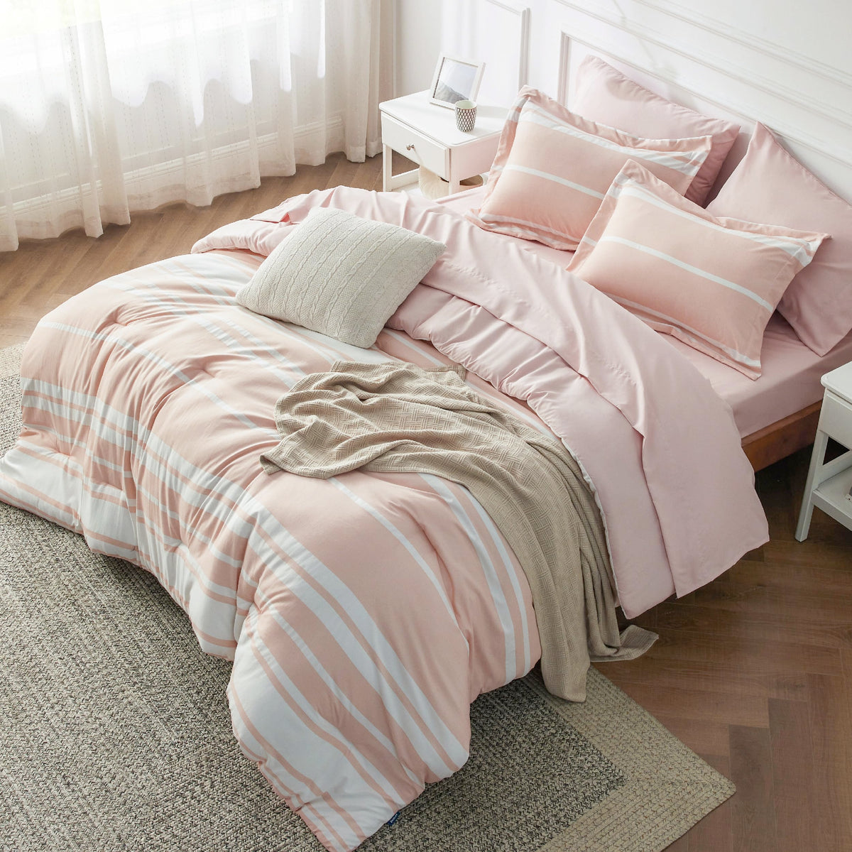 Bedsure Pink Comforter Set Full 7 Pieces, Light Pink White Striped Bedding Sets All Season Bed Set, 2 Pillow Shams, Flat Sheet,