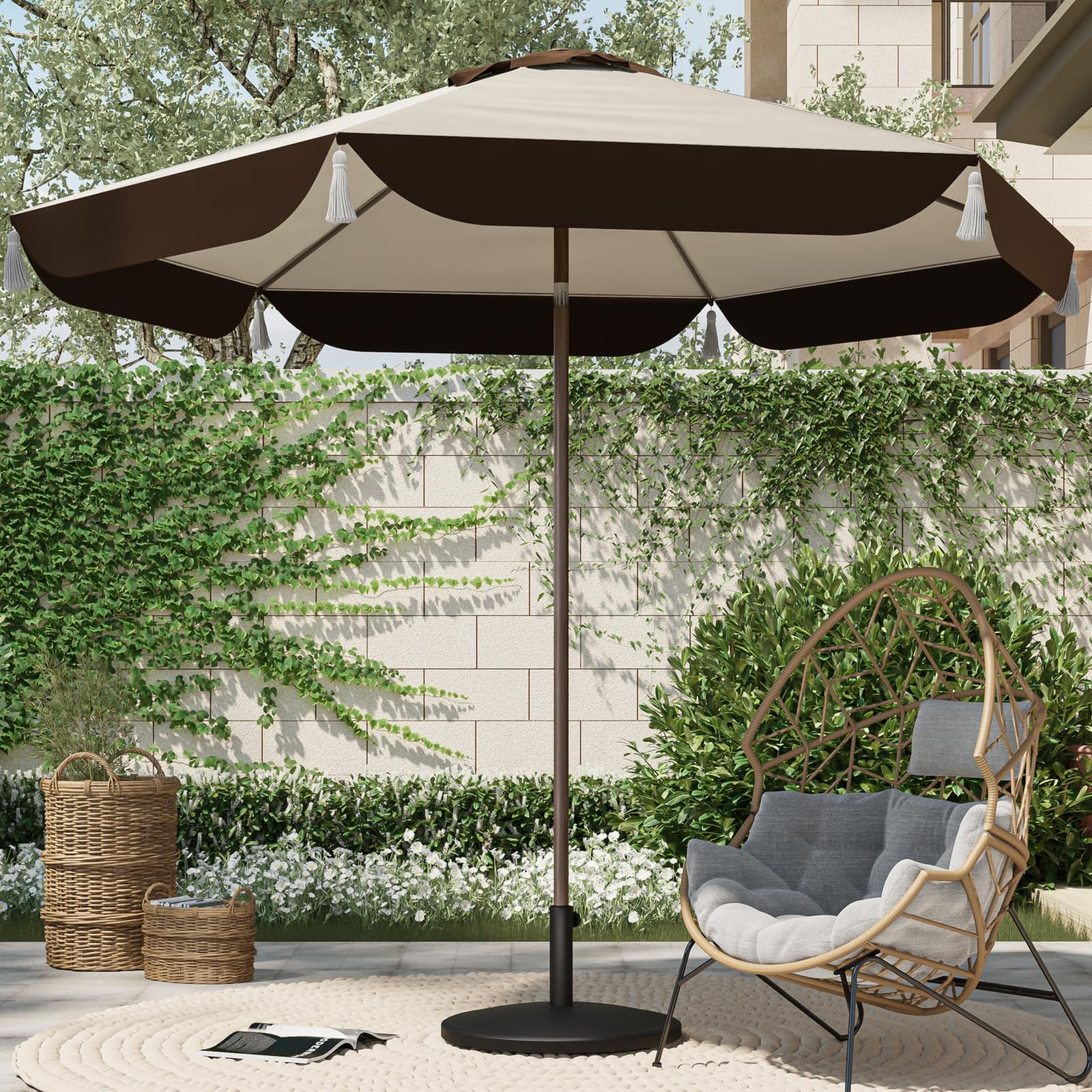 Grand Patio Myko 9Ft Round Market Umbrella With Tassle Design Heat Transfer Wood Grain Steel Frame With Push Button Tilt, Patio
