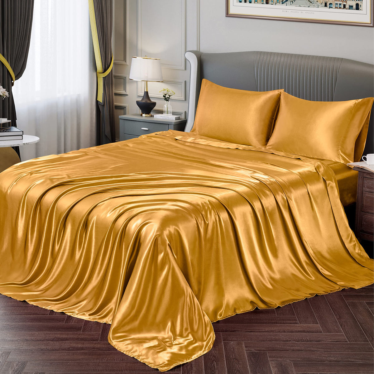 Vonty Satin Sheets Queen Silky Soft Satin Bed Sheets Yellow Gold Satin Sheet Set, 1 Deep Pocket Fitted Sheet + 1 Flat Sheet + 2