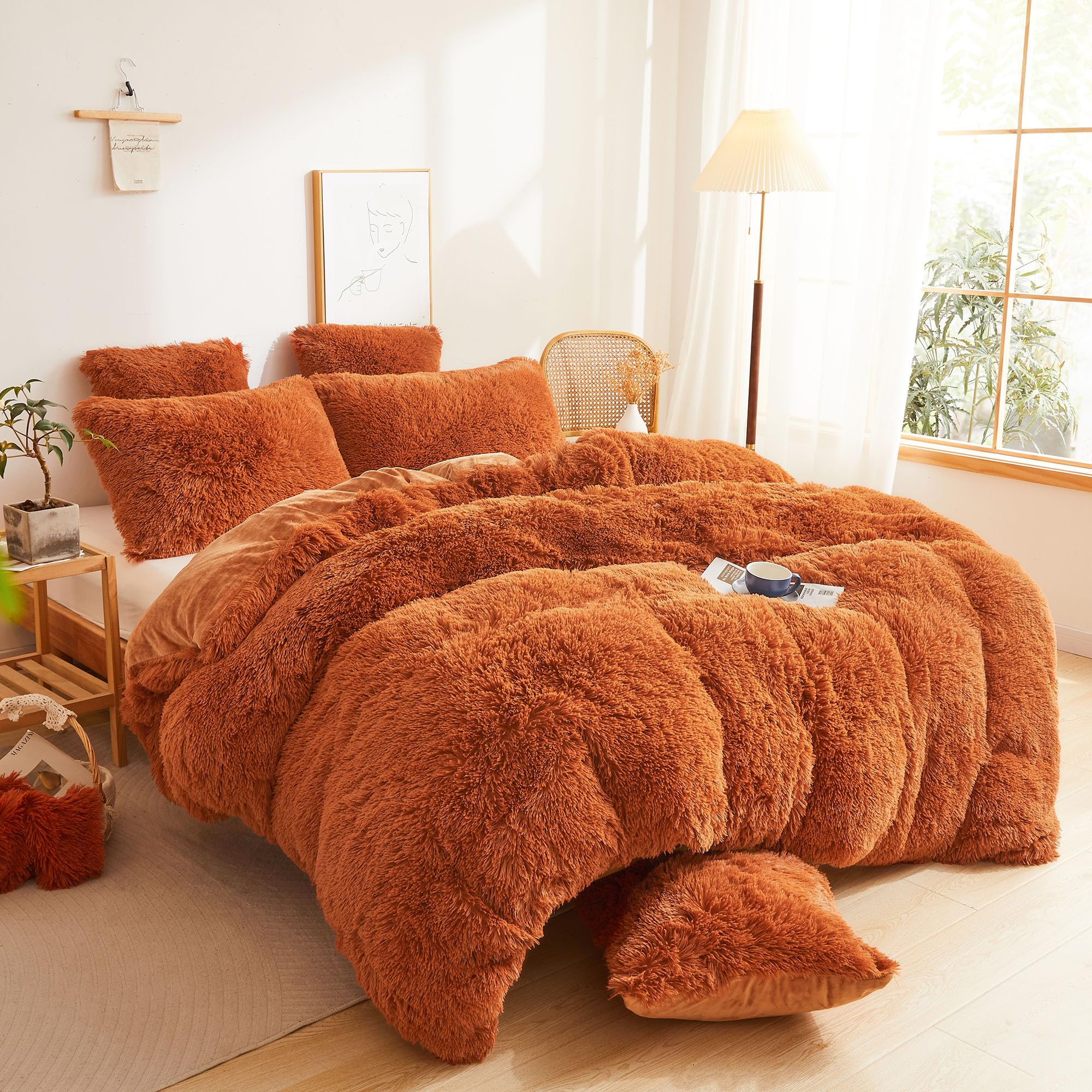 Xege Fluffy Faux Fur Duvet Cover Twin Size, Luxury Shaggy Plush Burnt Orange Comforter Cover 1 Pc, Soft Furry Fuzzy Velvet Terra