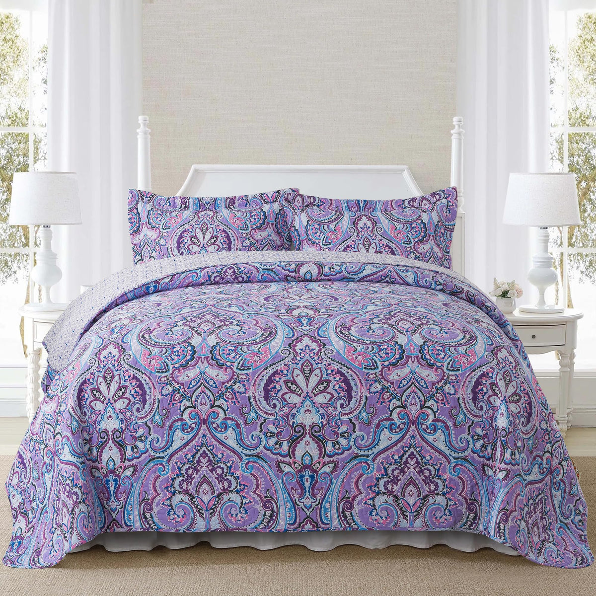 Newlake Cotton Bedspread Quilt Sets-Reversible Patchwork Coverlet Set, European Purple Floral Pattern, King Size