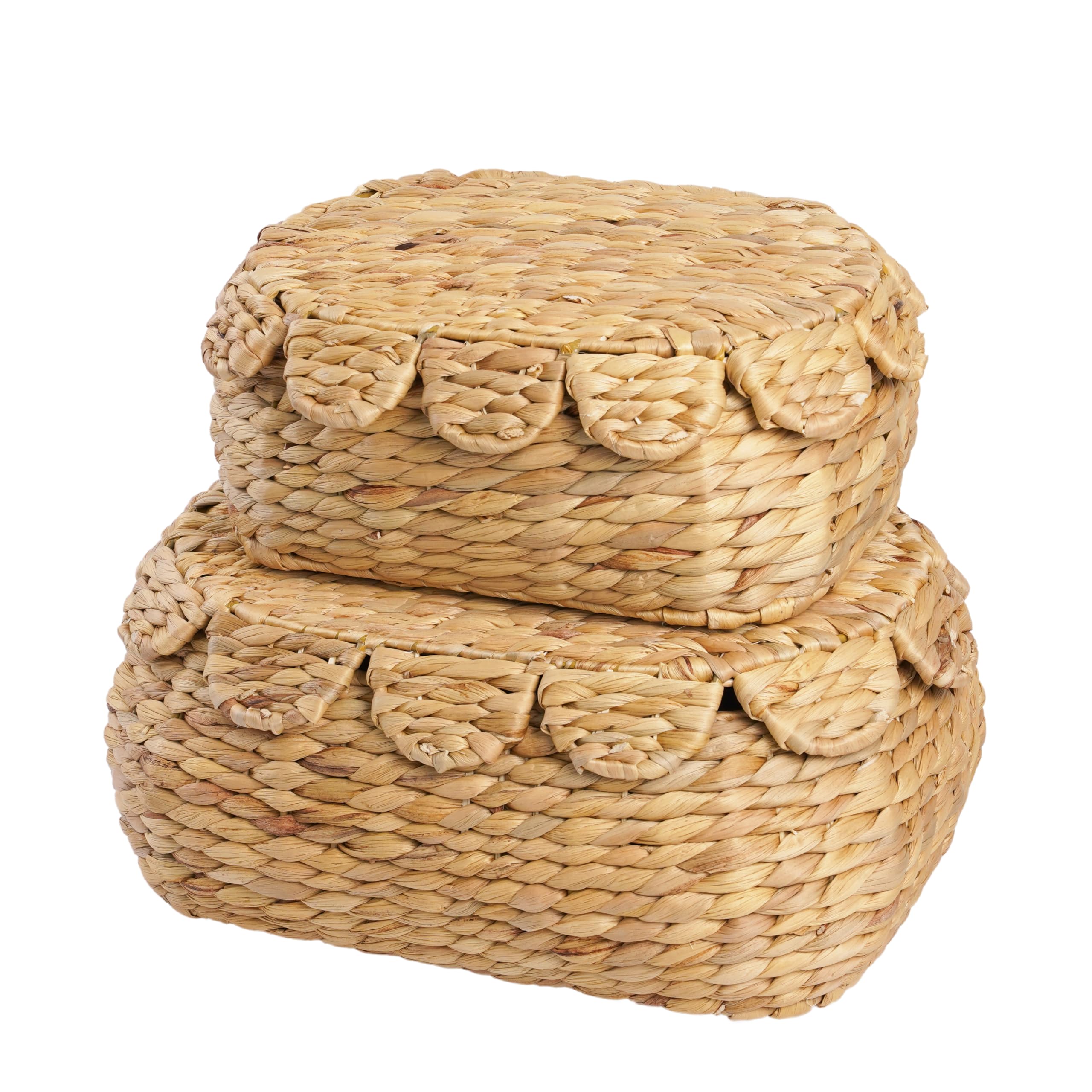 LUSYDECO Set of 2 Hand Round Wicker Storage Baskets with Lid, Rattan Basket Decorative Boxes, Woven Storage Box Hyacinth Basket 