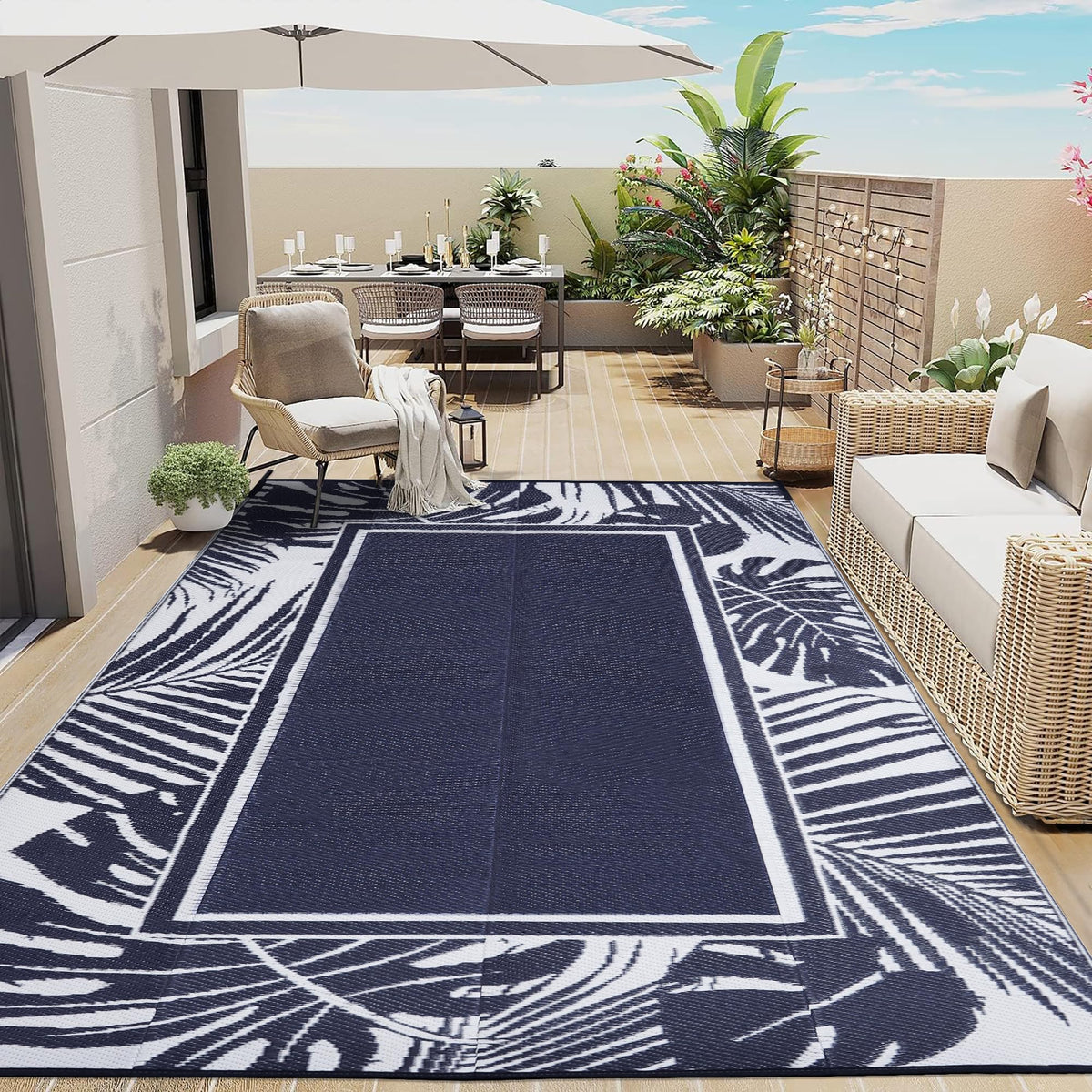 Purecozy Outdoor Plastic Straw Rug Waterproof Indoor Navy Blue Outdoor Patio Rug 6X9 Carpet Tropical Leaf Reversible Mat Washabl