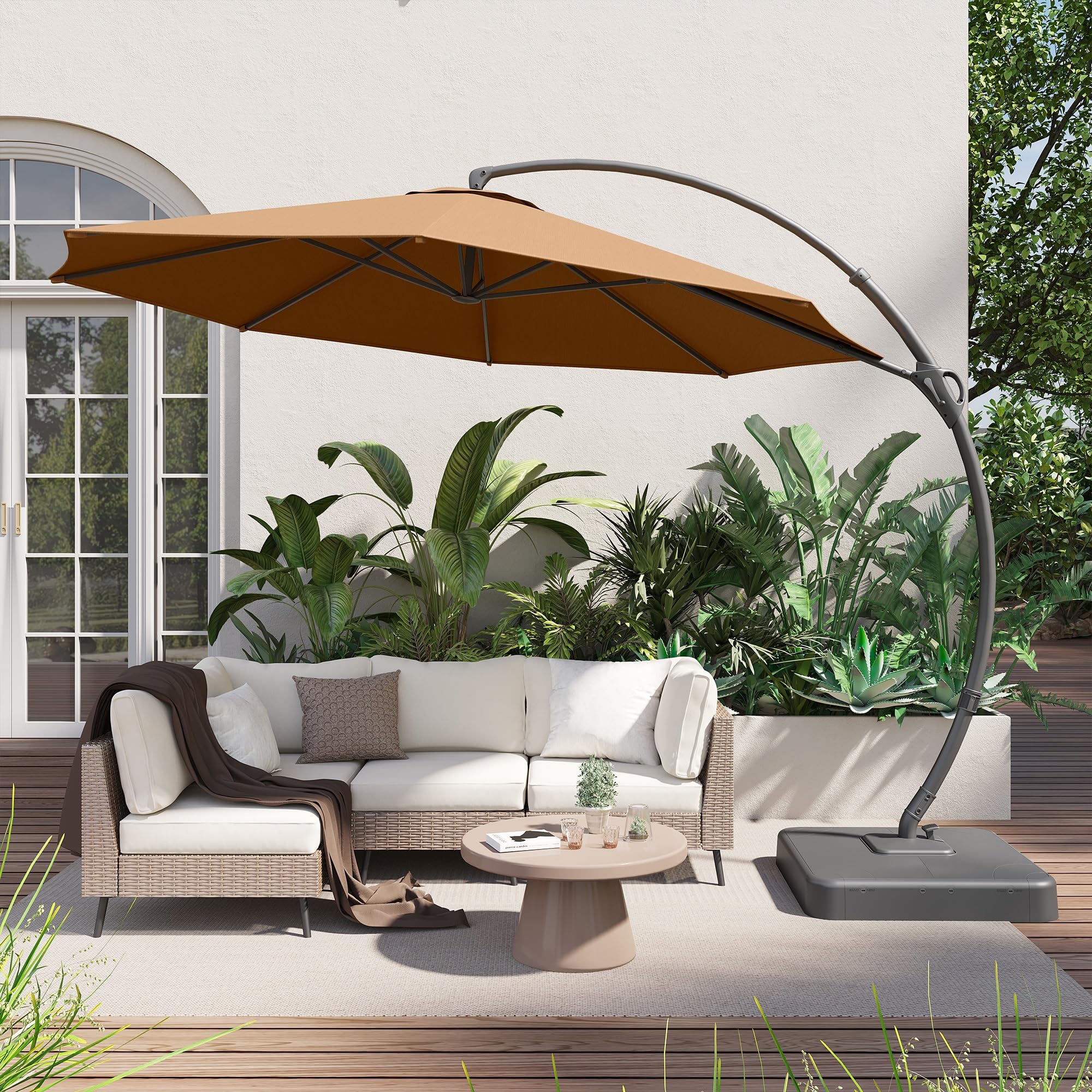 LAUSAINT HOME Outdoor Patio Umbrella with Base included, 10 FT Deluxe Curvy Cantilever Umbrella Offset Hanging umbrella with 360