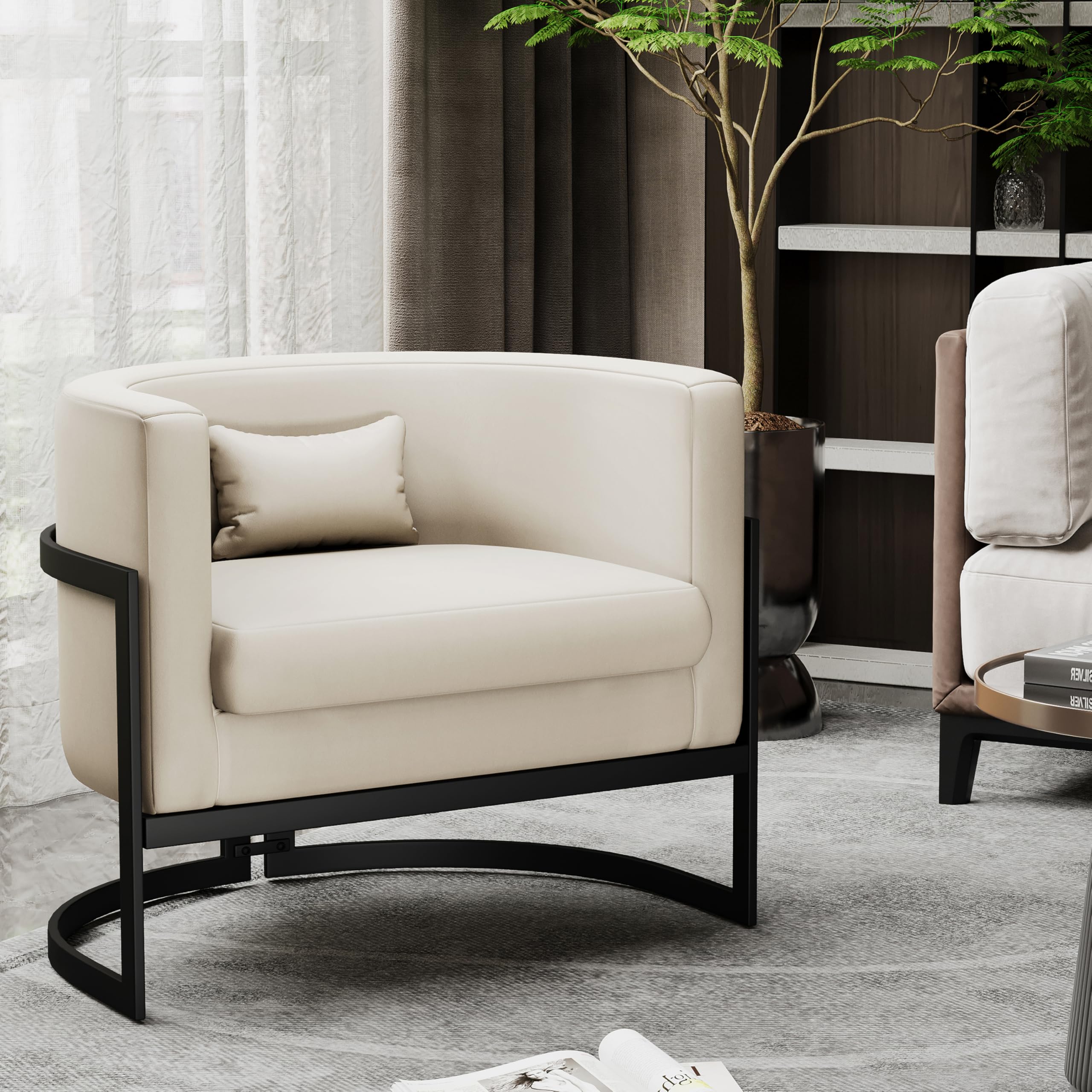 Upholstered Modern Living Room Chair Barrel Accent Chairs, Faux Leather Armchair Mid Century Lounge Chair Anti Scratch Sofa Tub