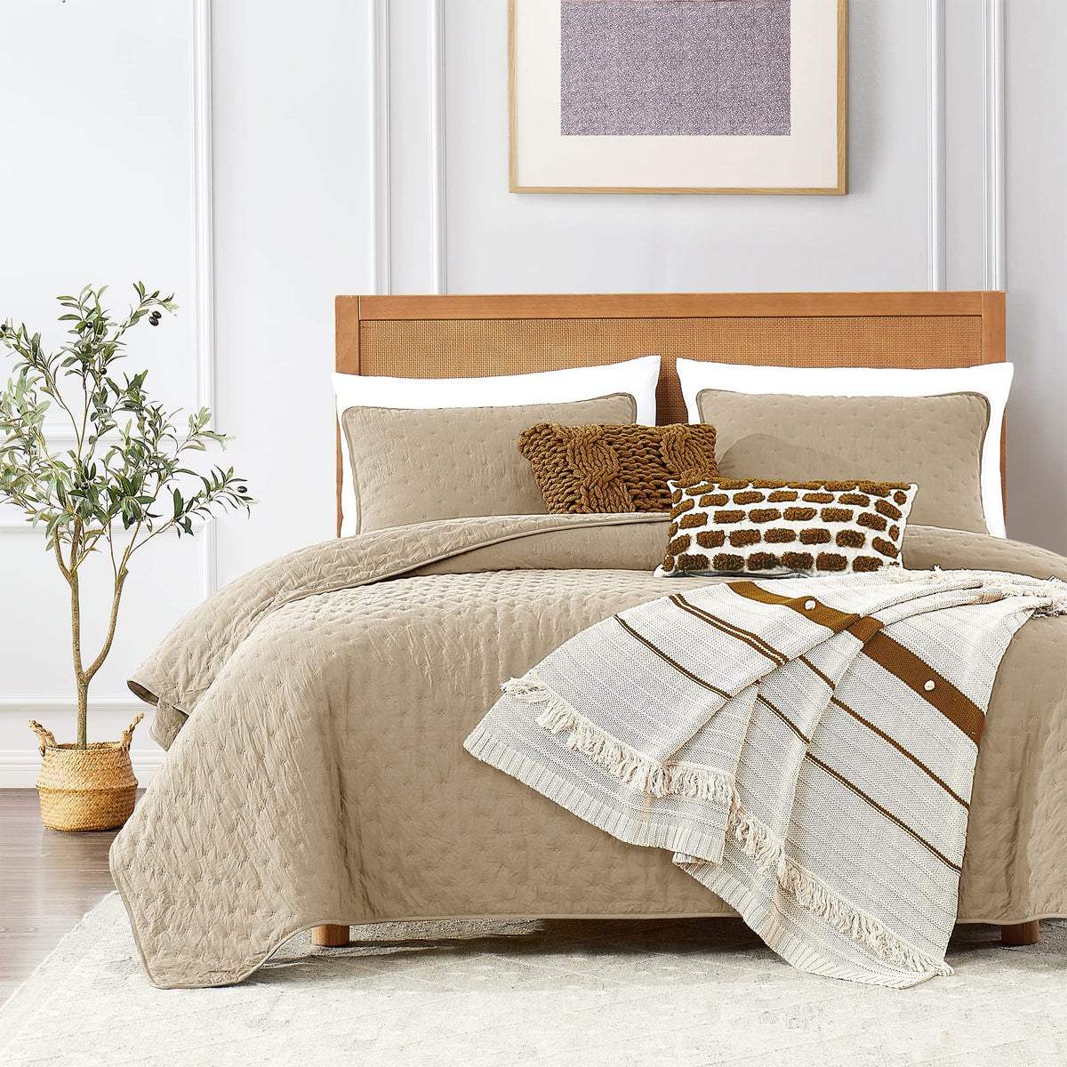 Beige Queen Size Quilt Bedding Sets With Pillow Shams, Lightweight Soft Bedspread Coverlet, Quilted Blanket Thin Comforter Bed C