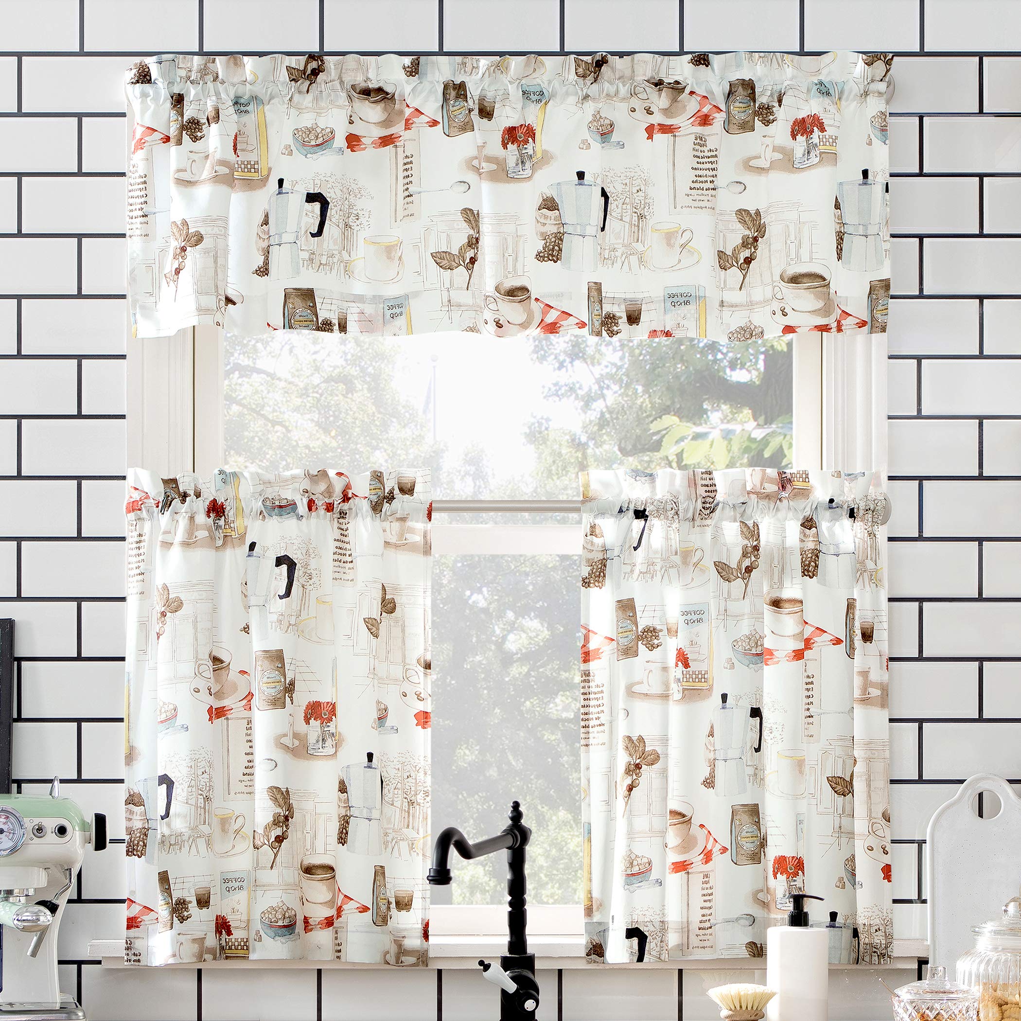 No. 918 Brew Coffee Shop Semi-Sheer Rod Pocket Kitchen Curtain Valance And Tiers Set, 54' X 24', White