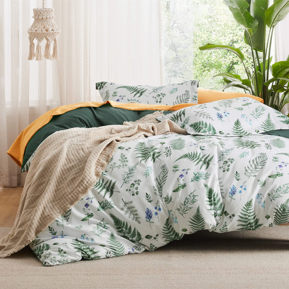 Bedsure Plants Duvet Cover Queen - Botanical Duvet Cover Set With Zipper Closure, Green Bedding Set, 3 Pieces, 1 Duvet Cover 90'