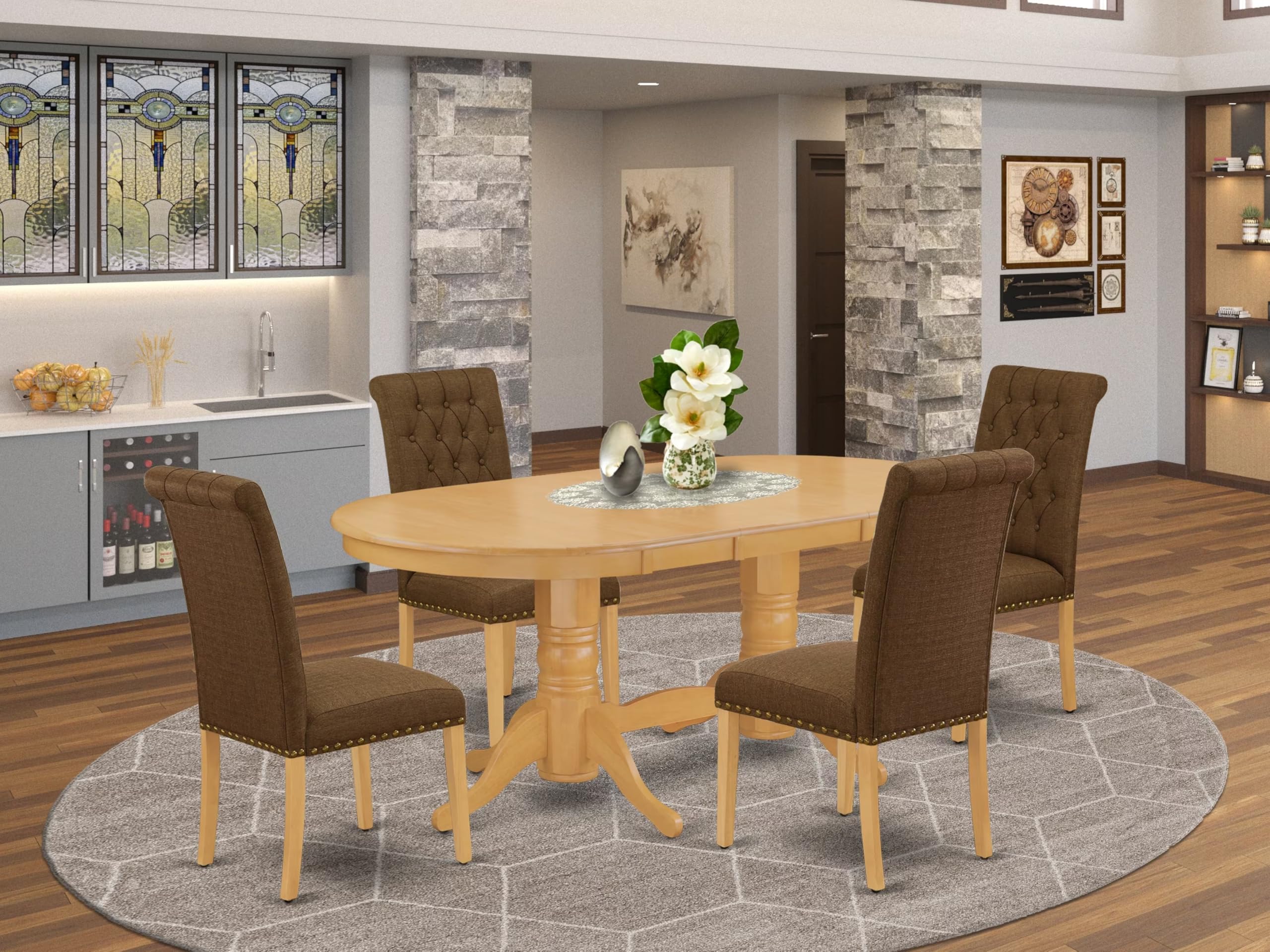 East West Furniture Vabr5-Oak-18 5 Piece Dining Table Set For 4 Includes An Oval Kitchen Table With Butterfly Leaf And 4 Brown Linen Linen Fabric Upholstered Chairs, 40X76 Inch, Oak