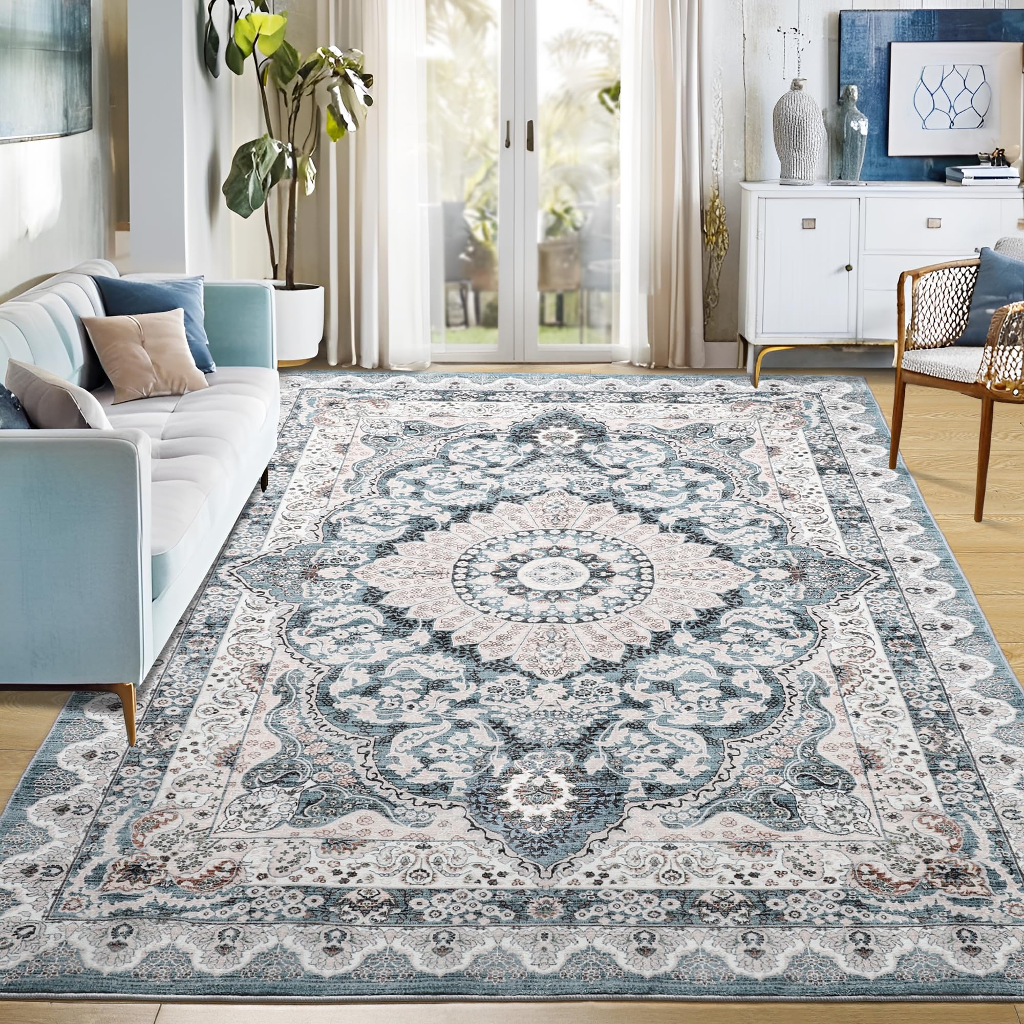 Foxmas 6x9 Area Rugs for Living Room, Machine Washable Vintage Rug, Non-Slip Low Pile Throw Rugs with Rubber Backing Washable Ca