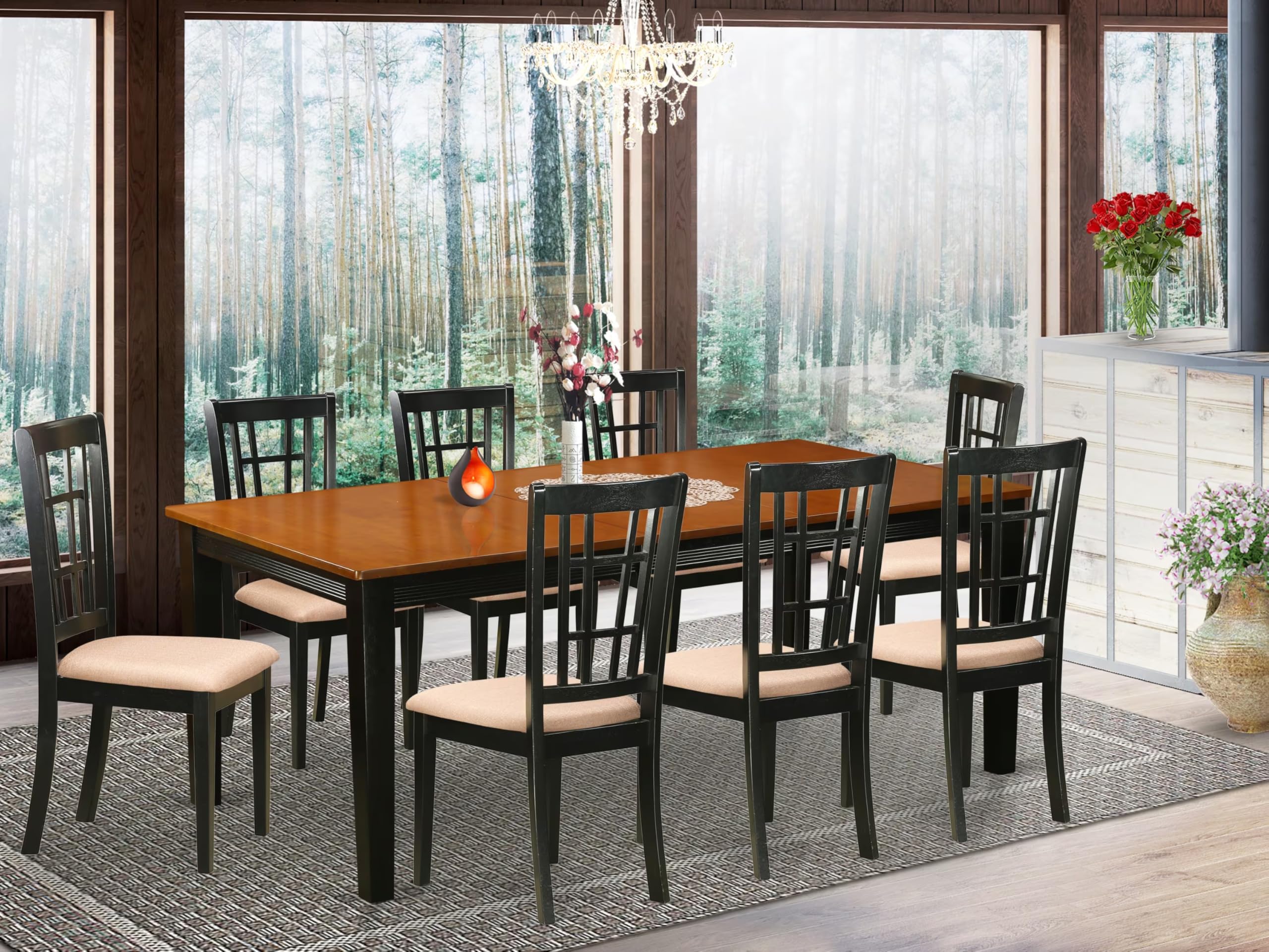 East West Furniture QUNI9-BCH-C 9 Piece Dining Table Set Includes a Rectangle Dinner Table with Butterfly Leaf and 8 Linen Fabric Dining Room Chairs, 40x78 Inch, Black & Cherry