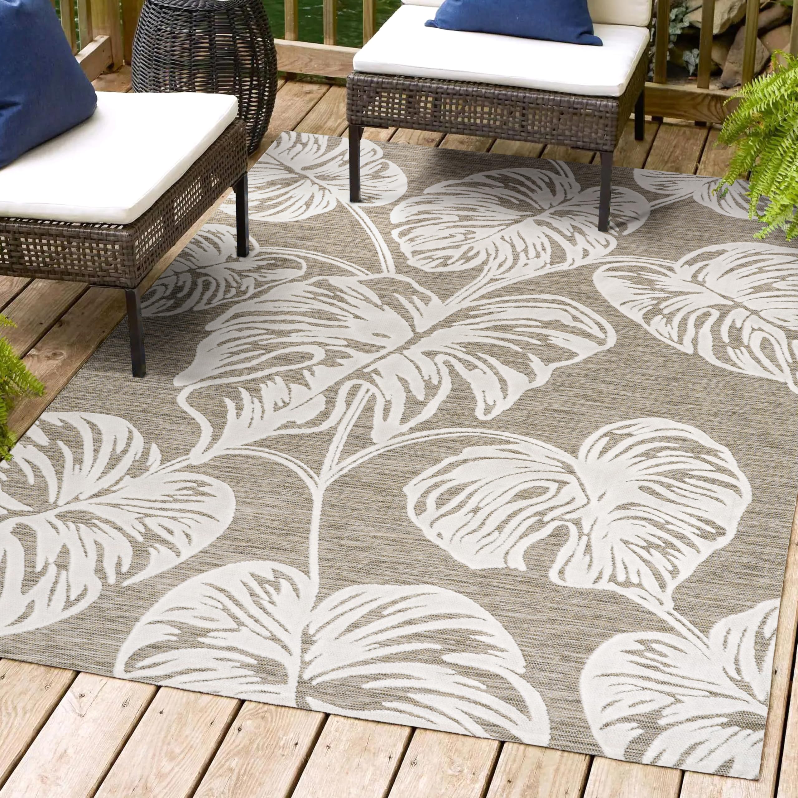 Jonathan Y Hwc100B-4 Tobago High-Low Two-Tone Monstera Leaf Indoor/Outdoor Area Rug, Floral, Coastal, Country, Backyard, Patio,