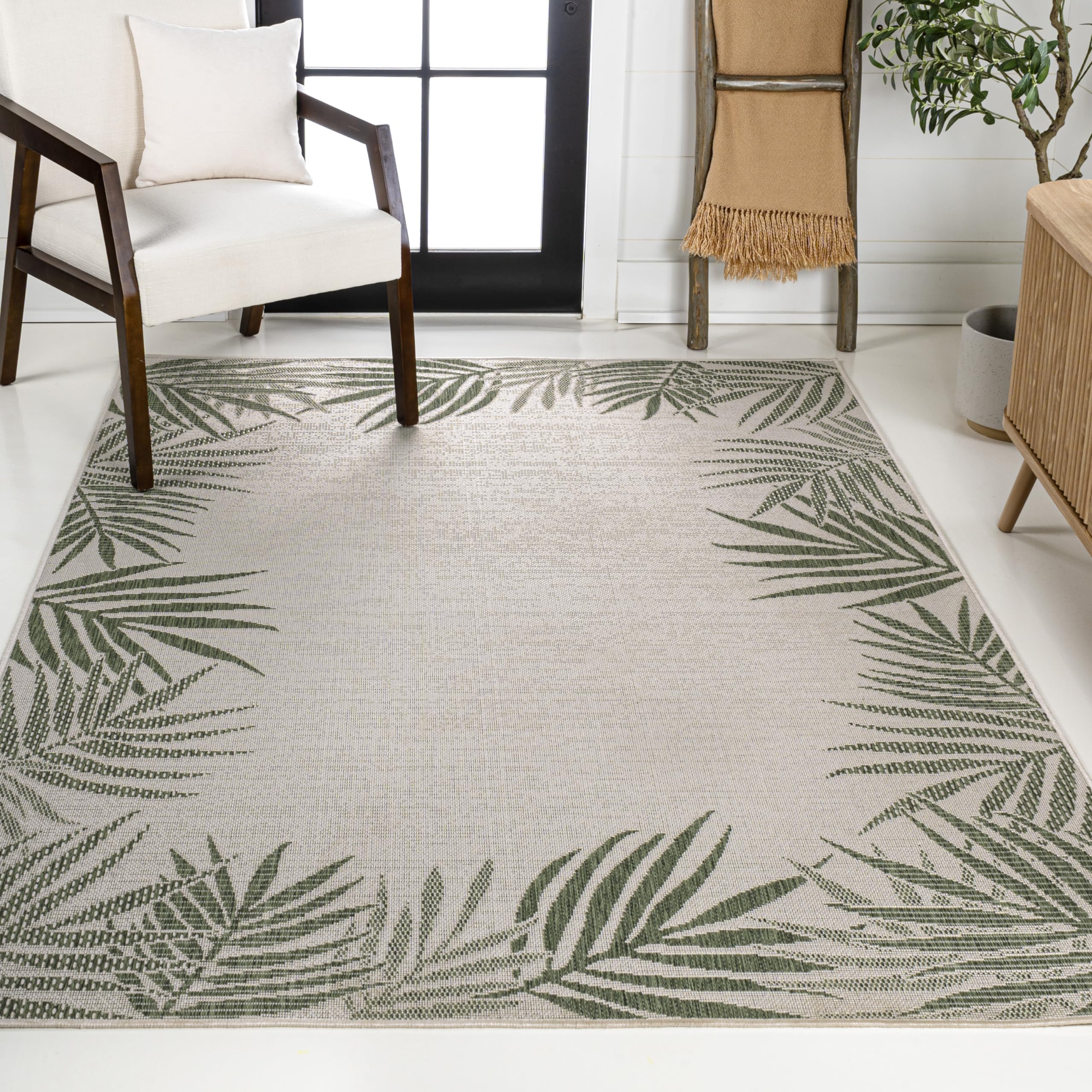 Jonathan Y Tsn207B-4 Isla Coastal Cottage Palm Frond Border 4 Ft. X 6 Ft. Indoor/Outdoor Area Rug Easy-Cleaning, For Backyard, P