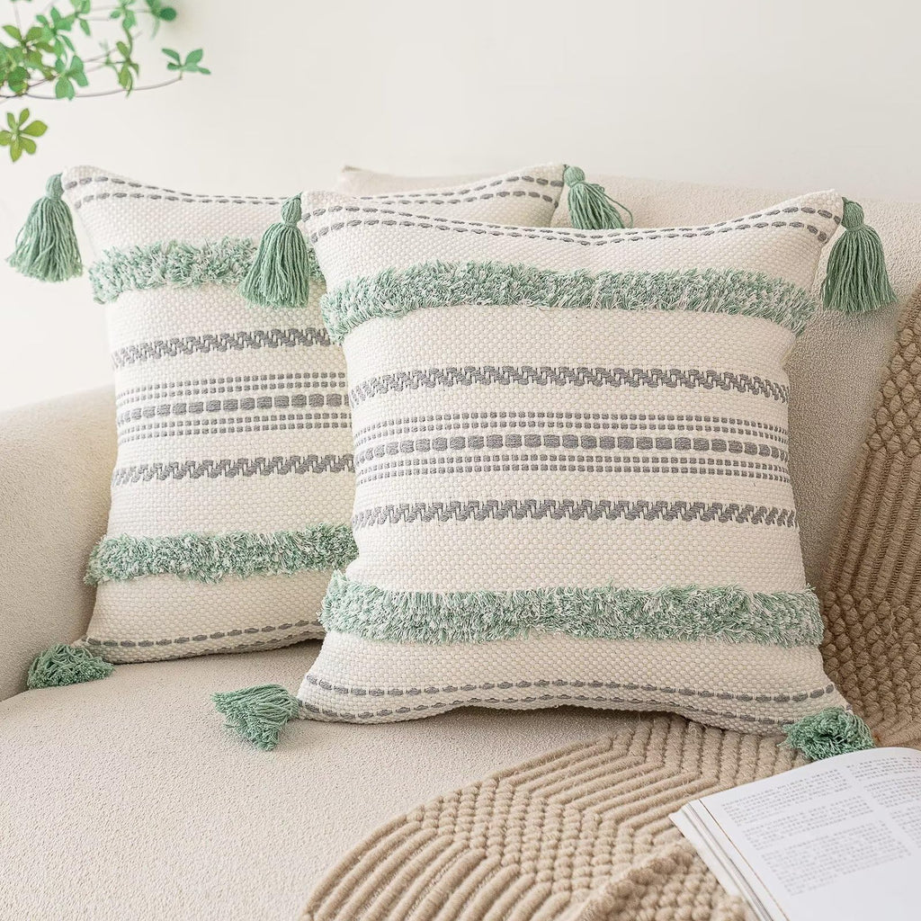 BUIOVBEY Boho Throw Pillow Covers 18x18 Set of 2 Woven Tufted Farmhouse Pillows Cover with Tassels Textured Striped Cushion Case