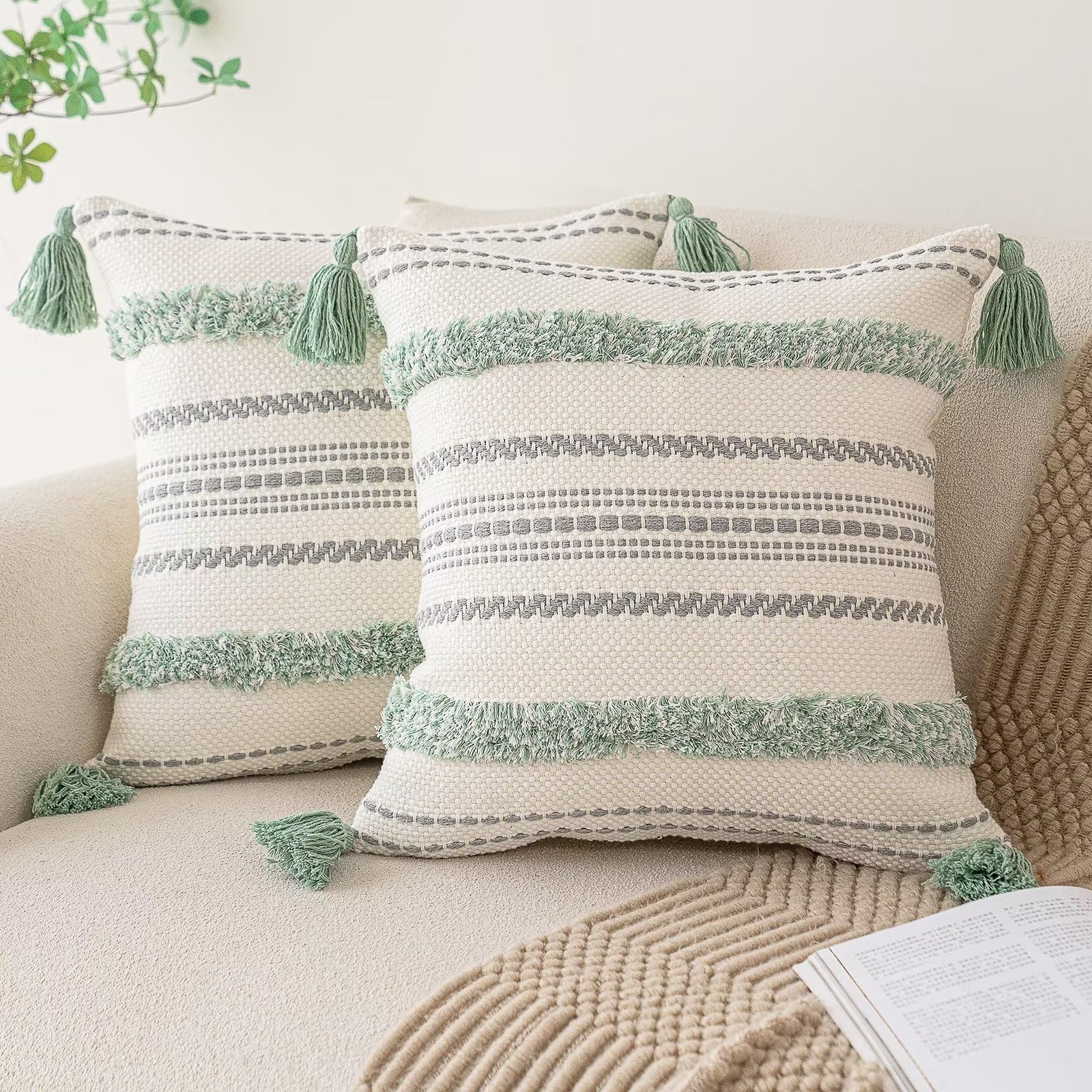 BUIOVBEY Boho Throw Pillow Covers 18x18 Set of 2 Woven Tufted Farmhouse Pillows Cover with Tassels Textured Striped Cushion Case