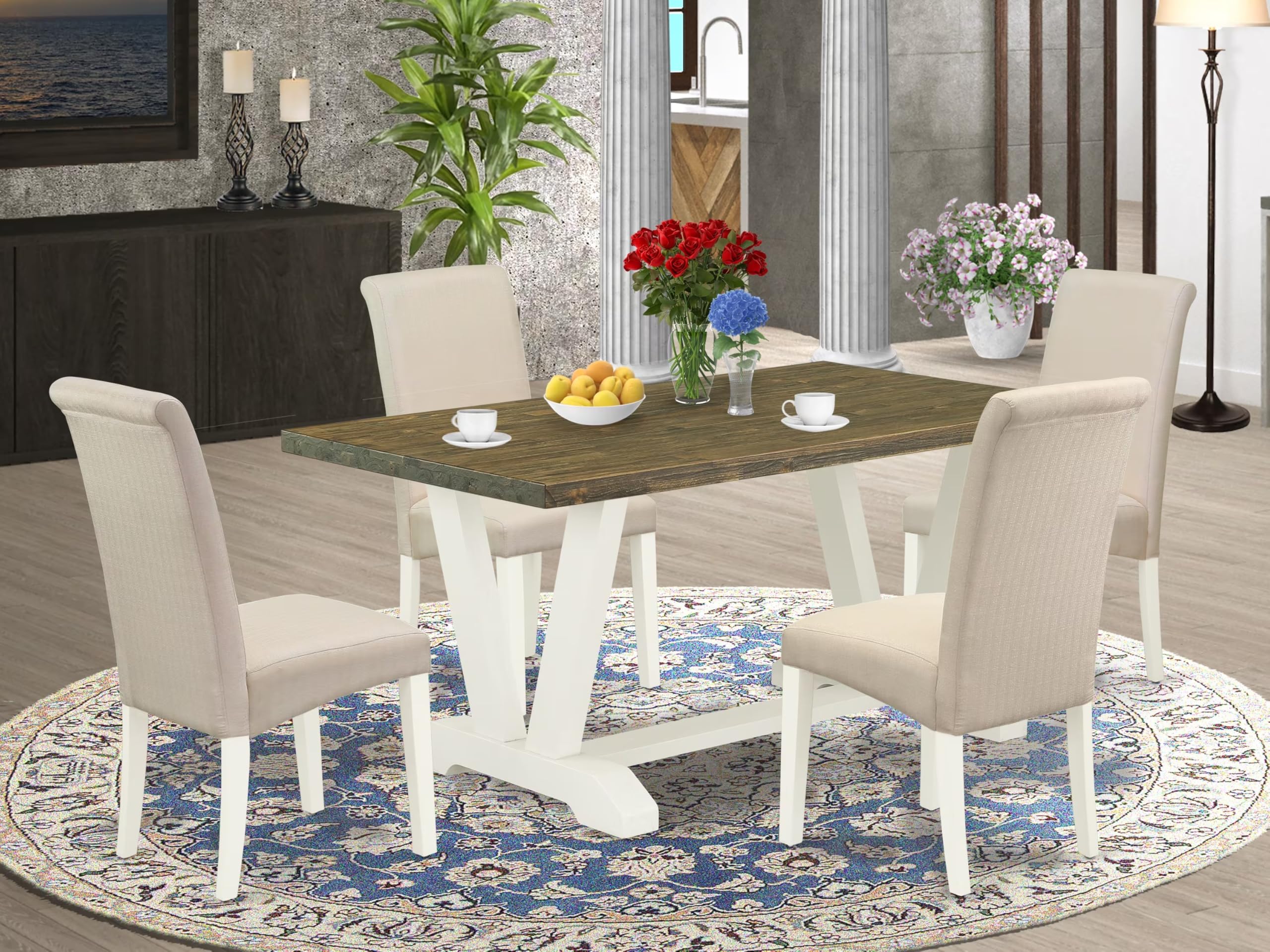 East West Furniture V076Ba201-5 5 Piece Dining Table Set For 4 Includes A Rectangle Kitchen Table With V-Legs And 4 Cream Linen Fabric Upholstered Parson Chairs, 36X60 Inch, Multi-Color