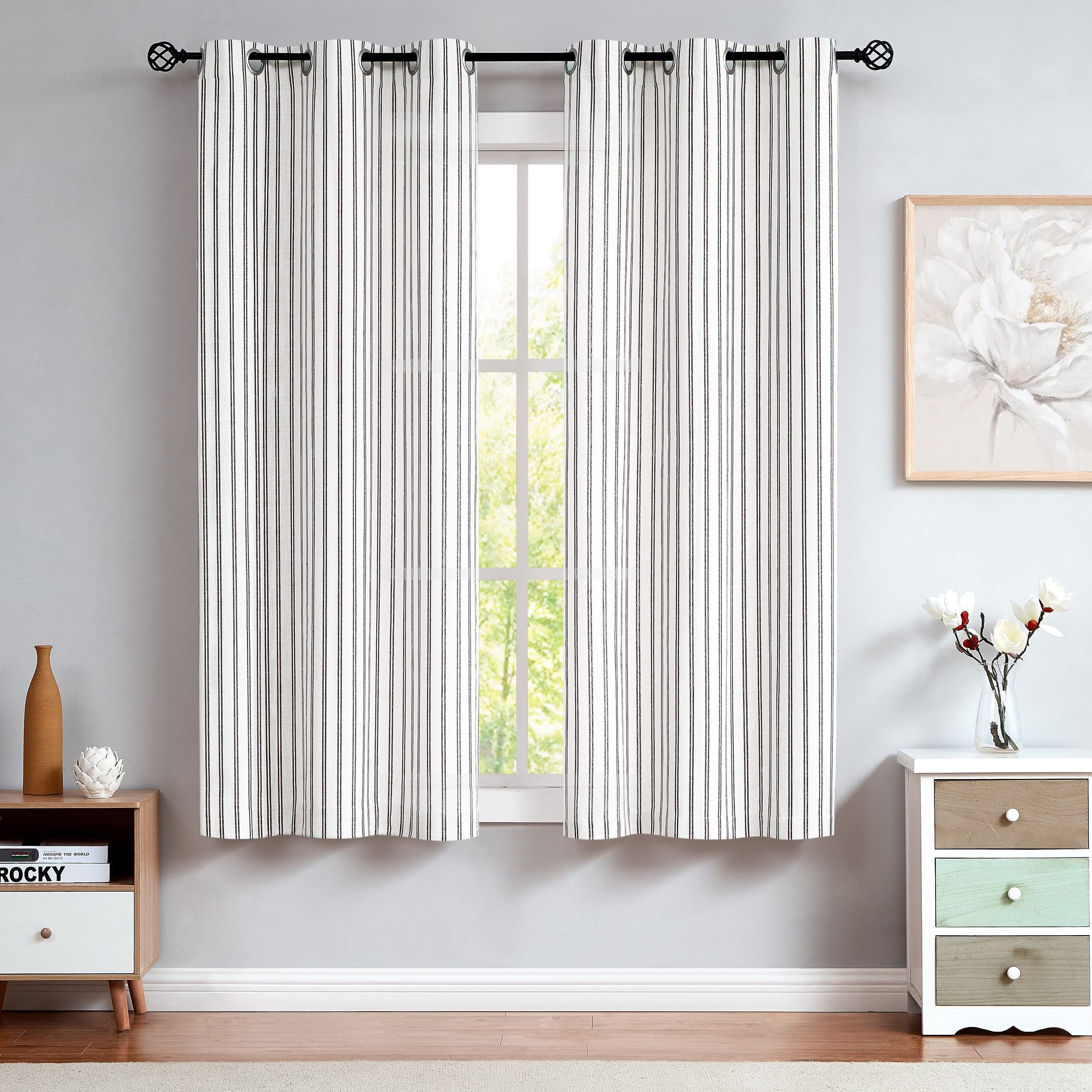 Randall Stripe Farmhouse Window Curtain Panels Linen Rustic Yarn Dyed Heavy Semi Sheer Drapes for Living Room Window Treatment S