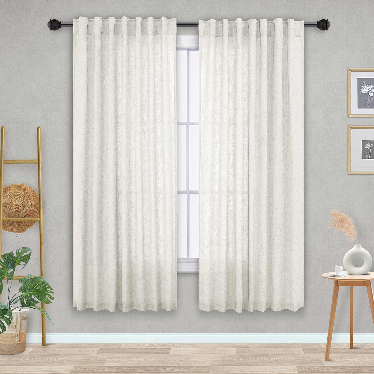 Natural Cream Curtains Panels 63 Inch Length For Back Tab Semi Sheer, Linen Textured Drapes Rod Pocket 2 Panels Set, Ivory Beige