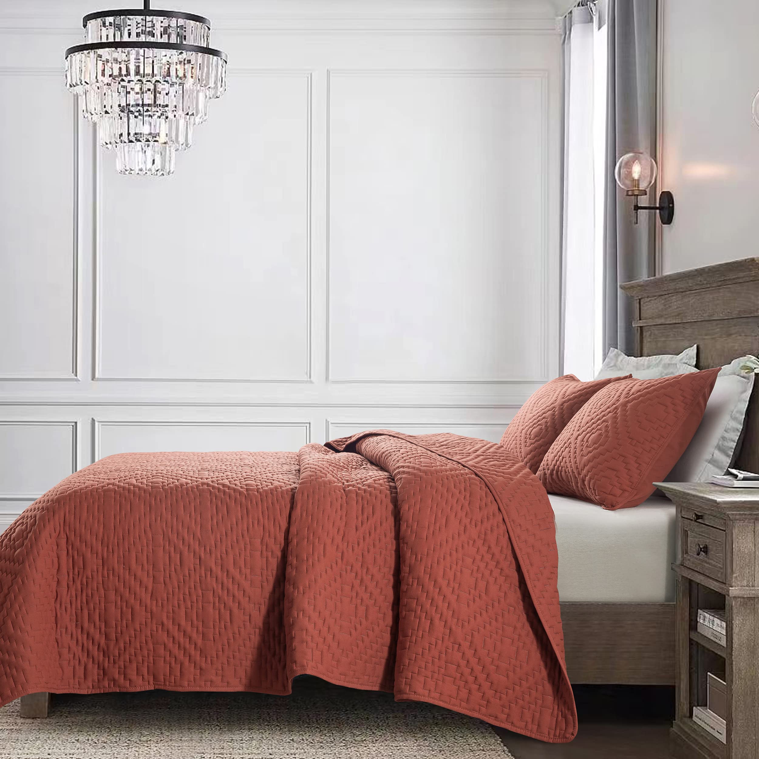 R.Share Burnt Orange Twin Size Quilt Bedding Sets With Pillow Sham, Boho Lightweight Soft Bedspread Coverlet, Quilted Blanket Th