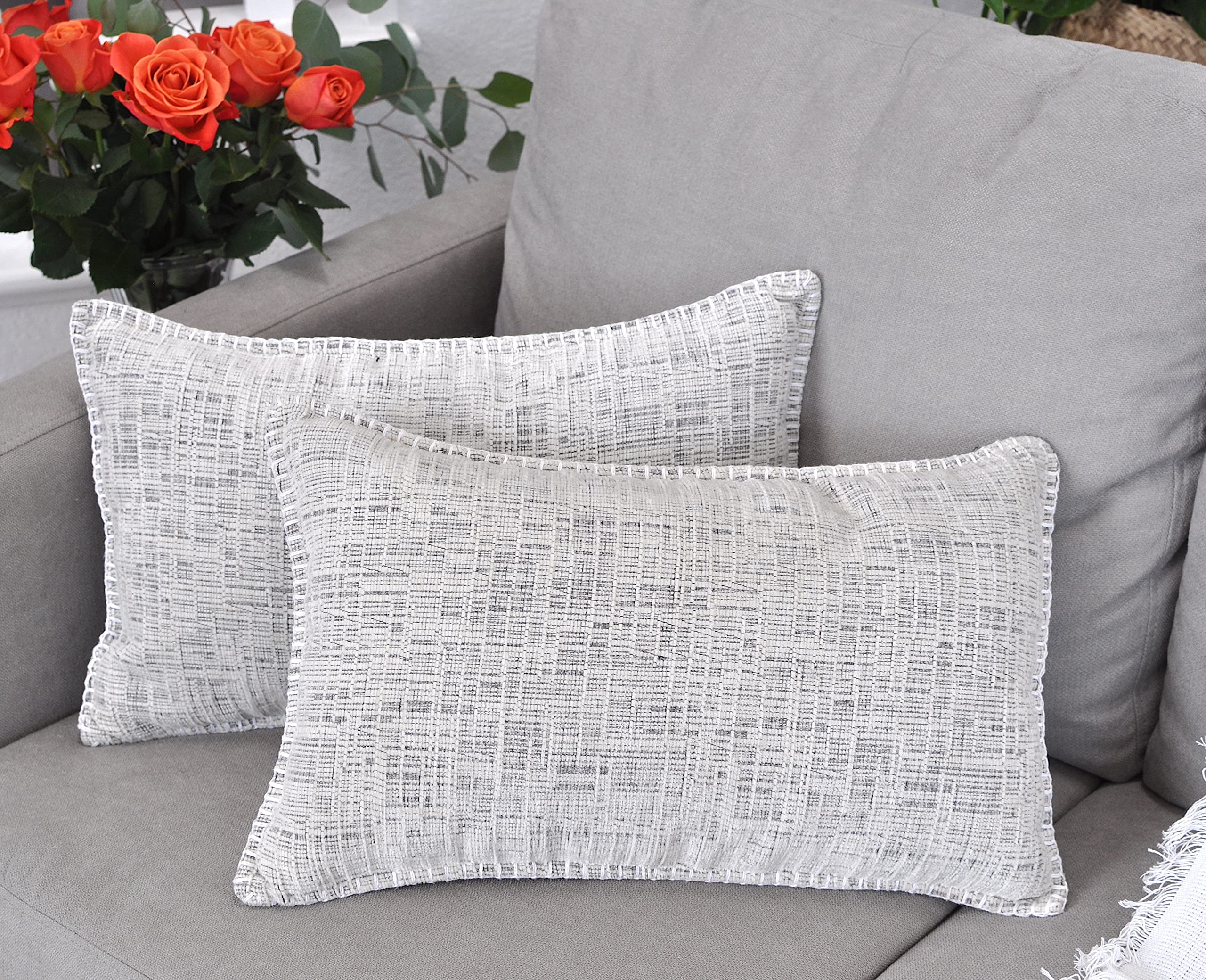 Oveesha Decorative Stitched Edge Soft Lumbar Pillow Covers 12X20 Inch Set Of 2 Cream White & Black Mixed Texture/Chenille Rectan