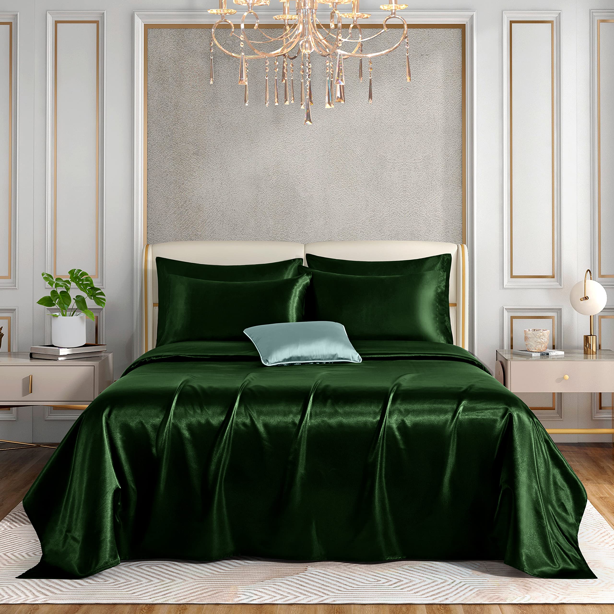 Horbaunal 4 Piece Satin Sheet Set Twin Size Luxury Silky & Soft Emerald Green Satin Twin Bed Sheet Set With 16'' Deep Pocket, 1