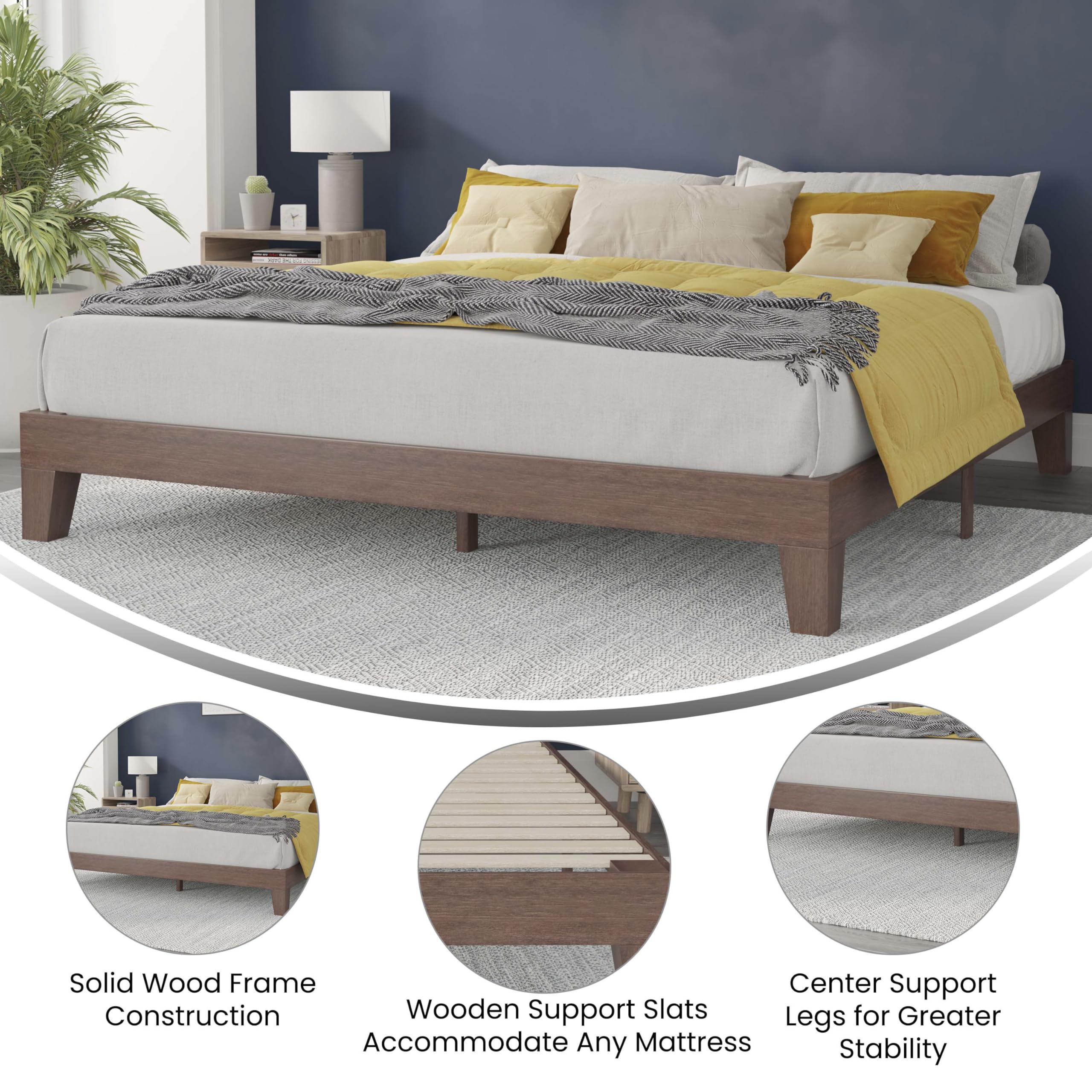 Flash Furniture Evelyn Wooden Platform Bed - Walnut Finish - King - Wooden Slat Support - No Box Spring Required - Easy Assembly