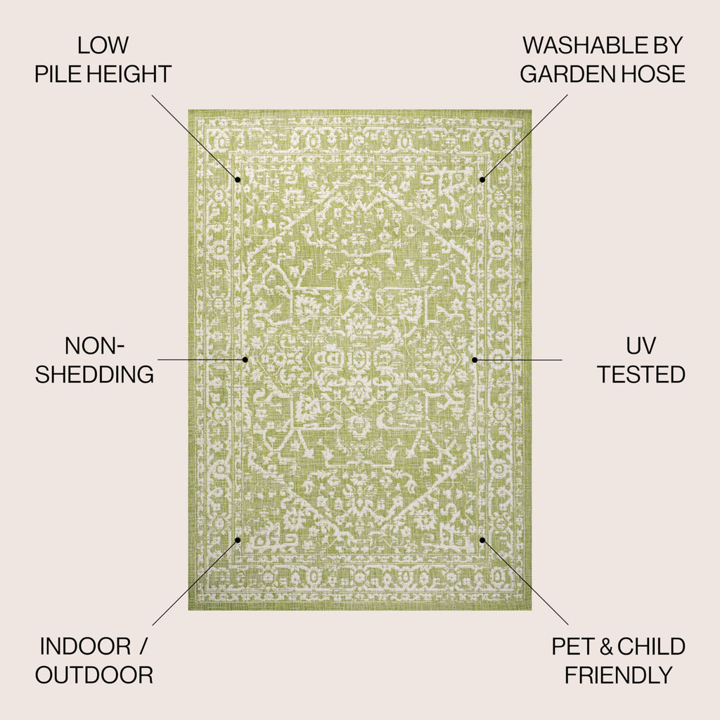 Jonathan Y Smb104D-5Sq Malta Bohemian Medallion Textured Weave Indoor Outdoor Area Rug, Coastal Traditional Transitional Easy Cleaning,Bedroom,Kitchen,Backyard,Patio,Non Shedding 5' Square,Green/Cream