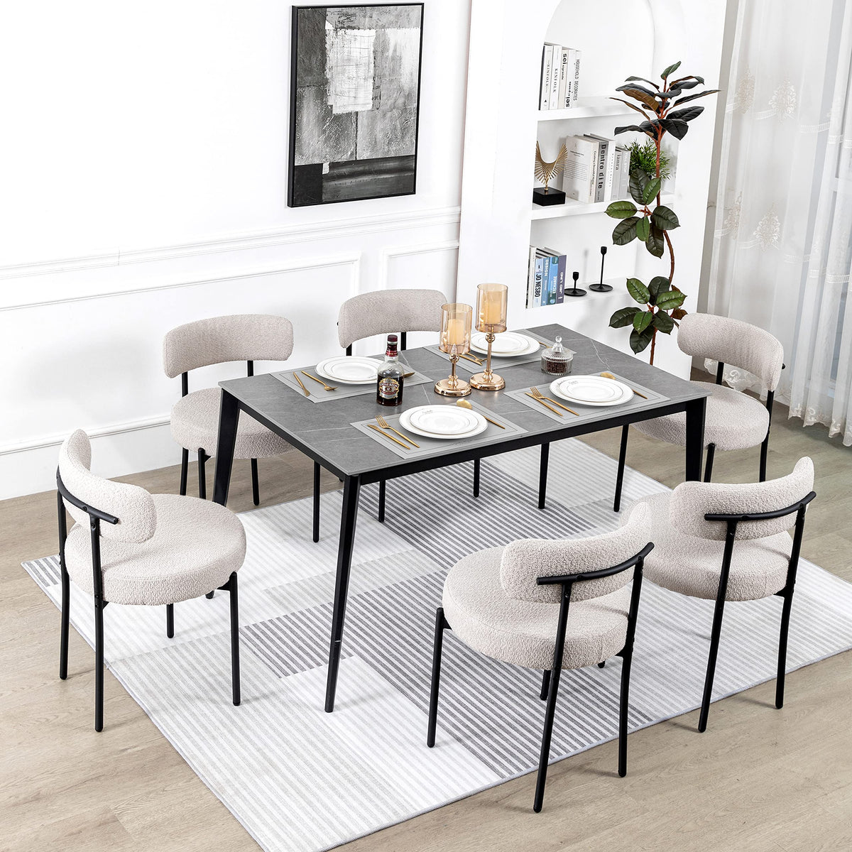 Dyhome Light Grey Boucle Dining Chairs Set Of 6, Mid Century Modern Upholstered Kitchen Chairs With Metal Legs, Round Modern Din