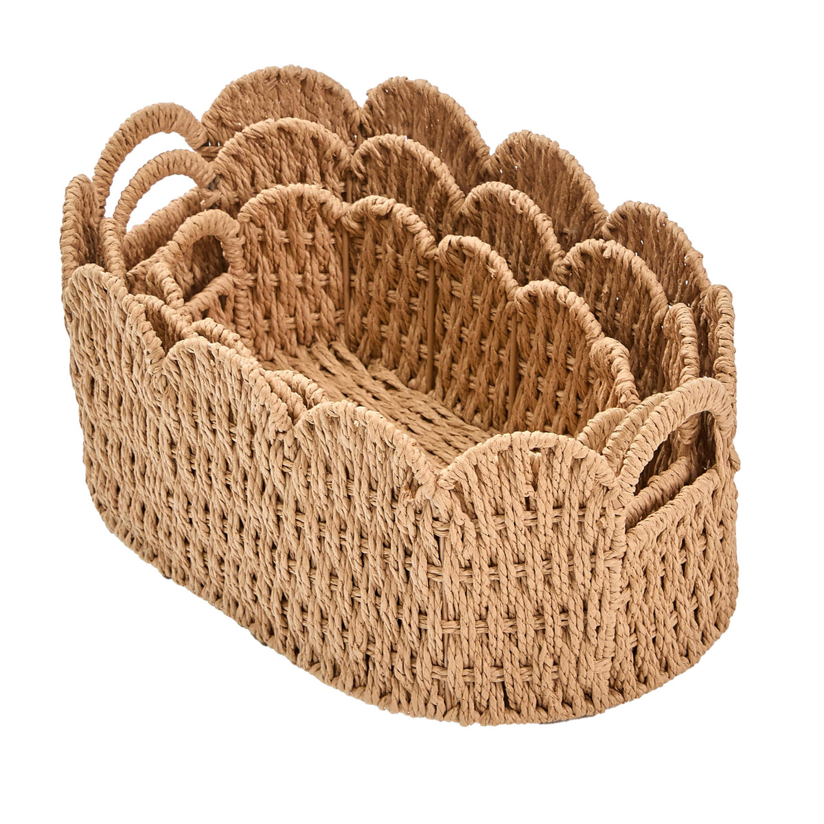 Scalloped Basket Set of 3 (Large, Medium, Small), Paper Rope Hand Woven Storage Basket for Shelves, Clothes, Towels and Laundry,