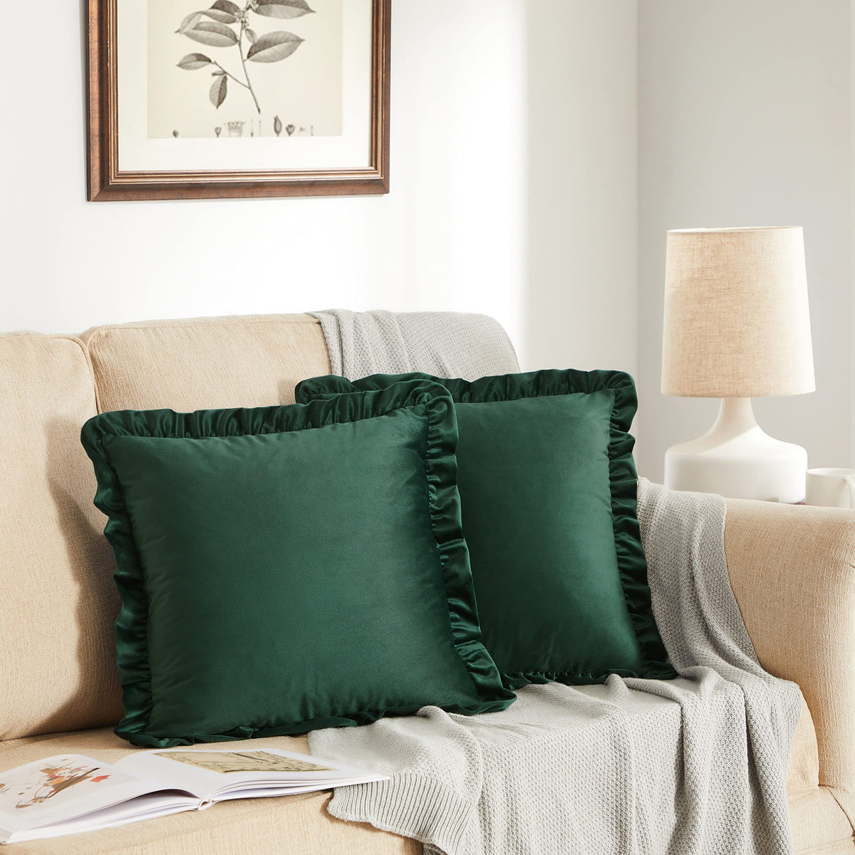 Gigizaza Army Green Decorative Throw Pillow Covers, 16X16 Velvet Ruffle Cushion Pillow Covers For Sofa Couch Set Of 2