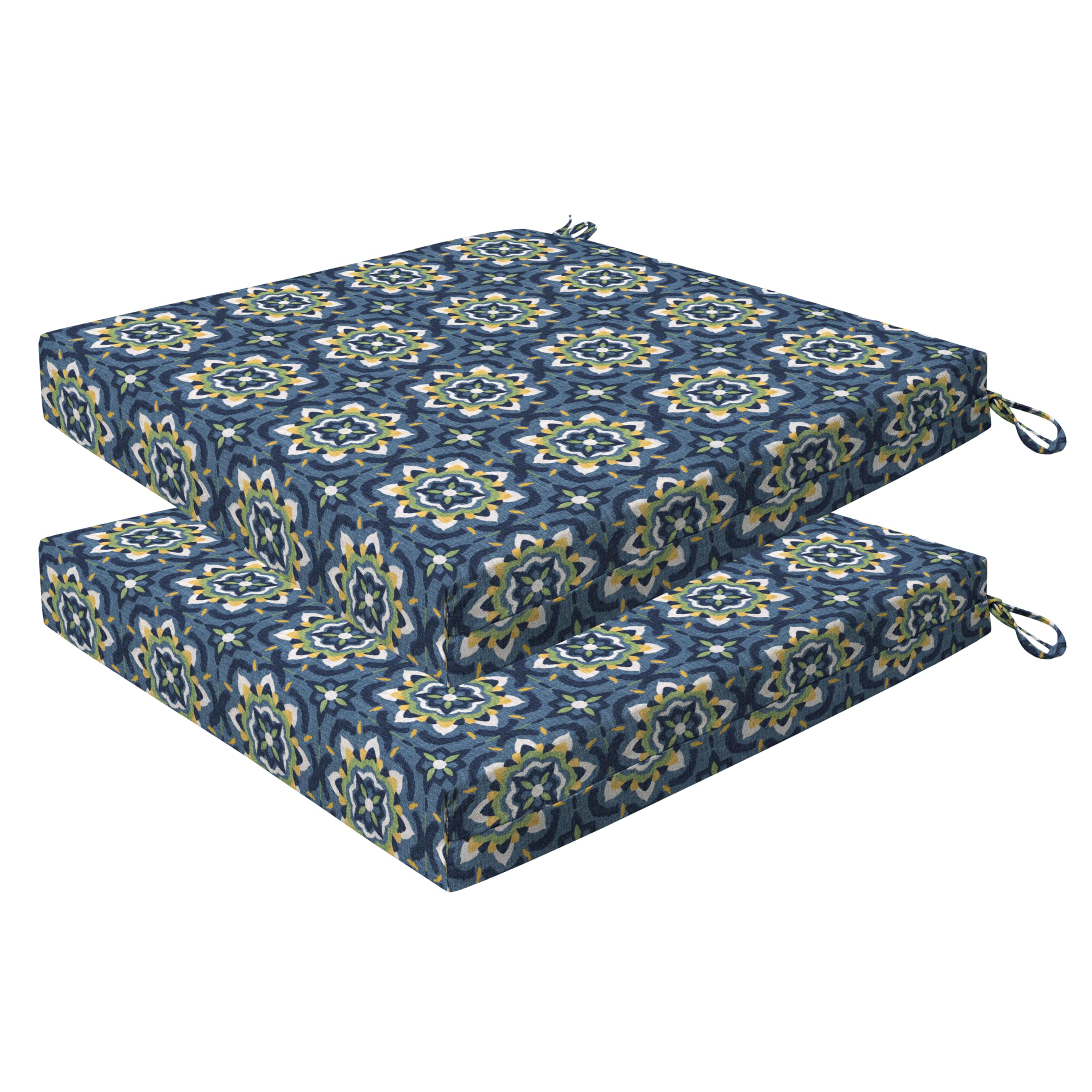 Honeycomb Essentials Outdoor Square Seat Cushions, 19' X 19', Medina Medallion Blue Patio Chair Cushion 2-Pack