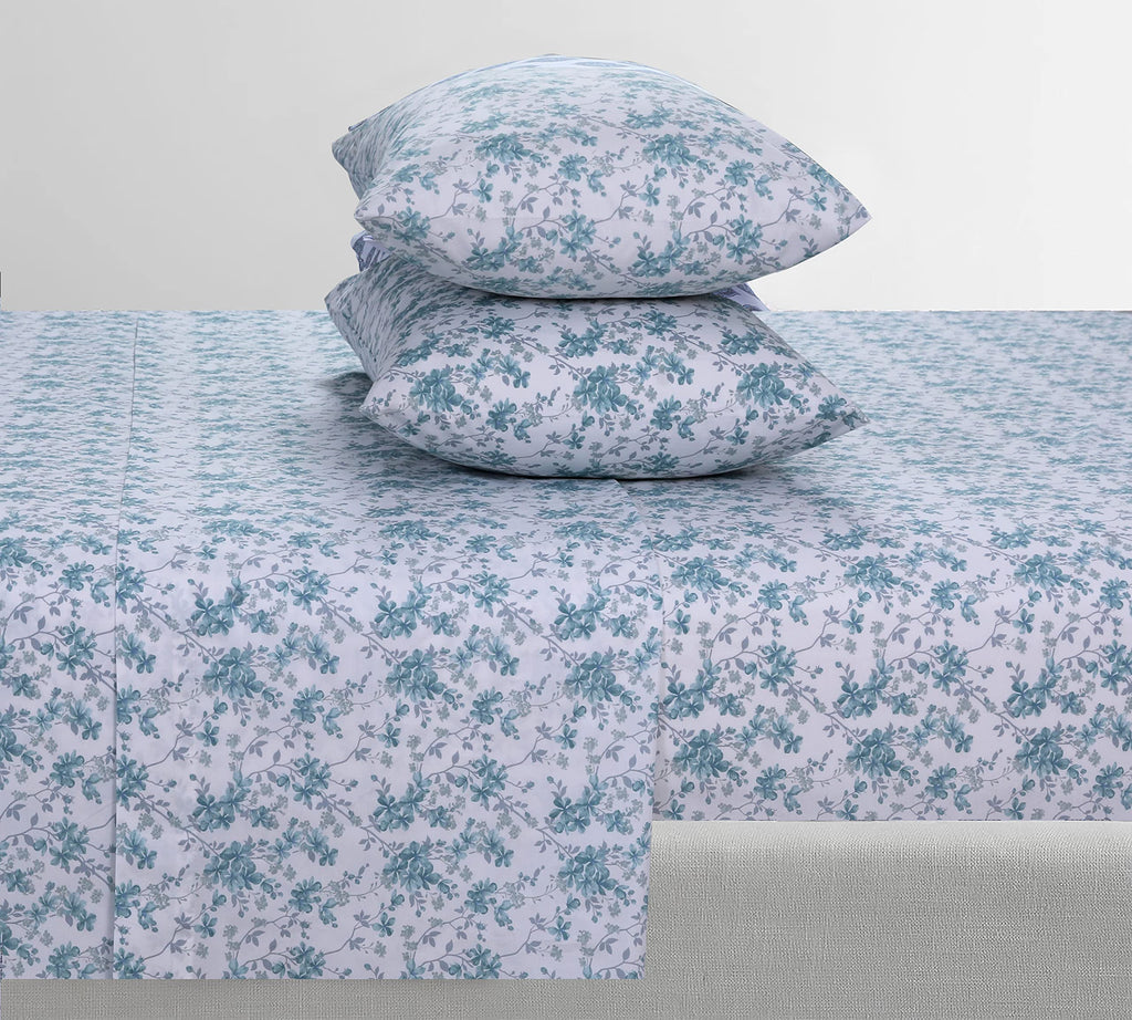 Feather & Stitch Softest 100% Cotton Sheets, 300 Thread Count Percale Weave Bedding, 16' Deep Pocket, Cooling Sheets, Breathable Bed Set, Hotel Premium Quality ((King, Blue Floral)