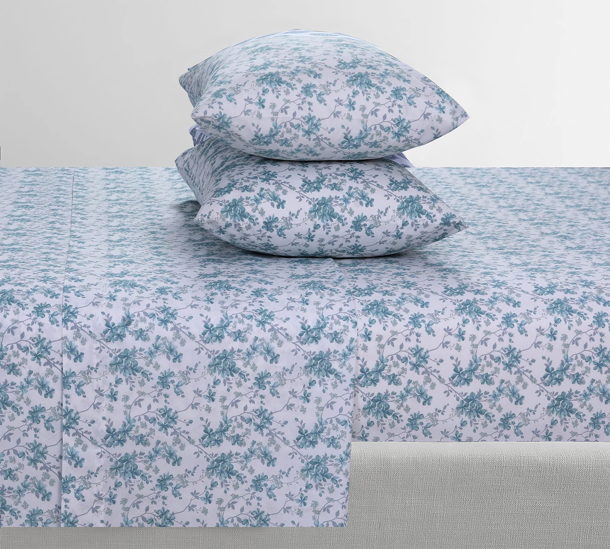 Feather & Stitch Softest 100% Cotton Sheets, 300 Thread Count Percale Weave Bedding, 16' Deep Pocket, Cooling Sheets, Breathable Bed Set, Hotel Premium Quality ((King, Blue Floral)