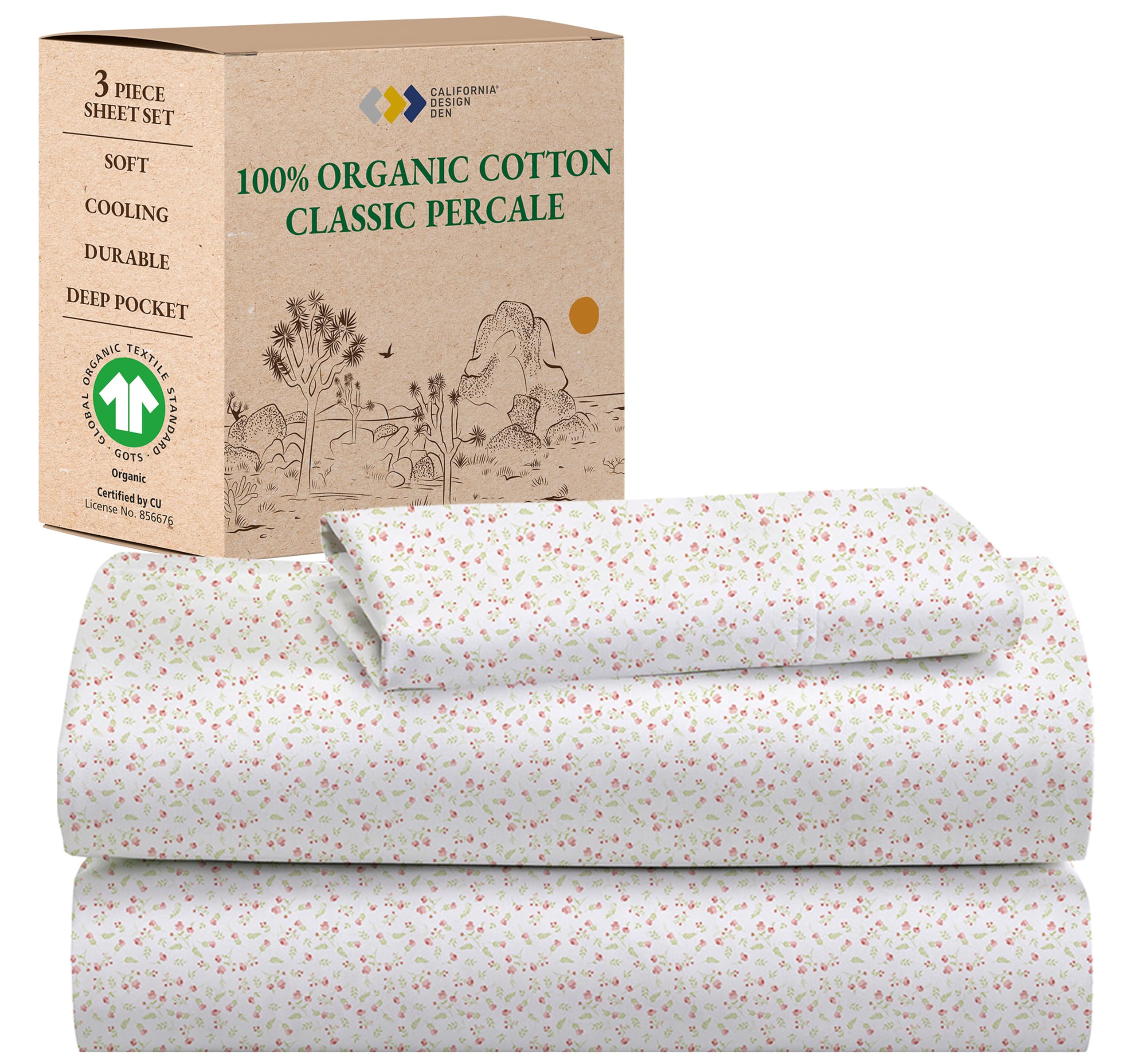California Design Den Twin Floral Sheet Set, 100% Organic Cotton Percale Sheets, Deep Pocket Twin Sheets & Pillowcase Set - Floral