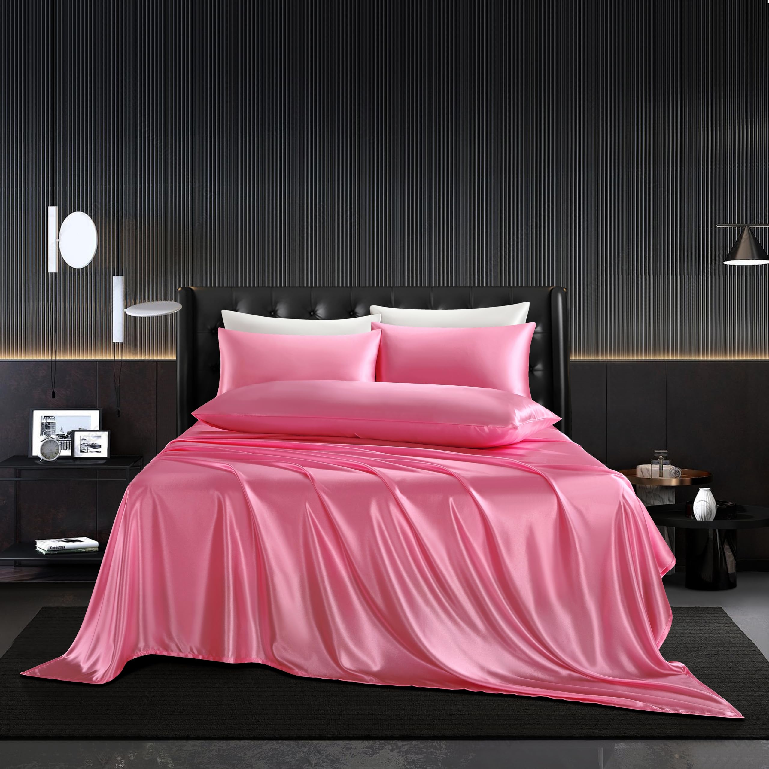 Hommxjf 5Pcs Peach Red Silk Sheets Full Satin Sheets Set Full Size Sheets Silky Comforter Bedding Sheets With 1 Satin Flat Sheet