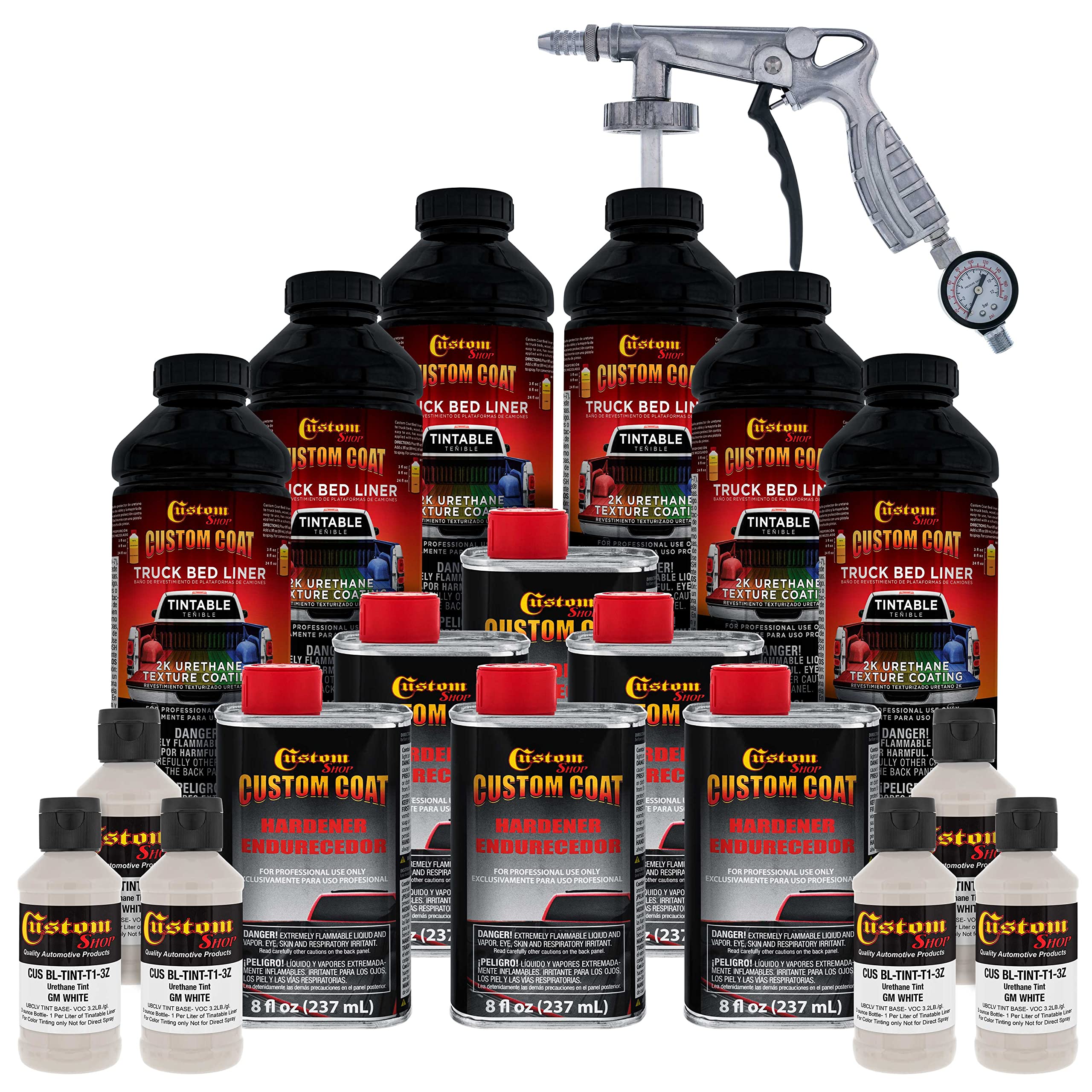 Custom Coat Gm White 1.5 Gallon (6 Quart) Urethane Spray-On Truck Bed Liner Kit With Spray Gun And Regulator - Easy Mixing, Shak