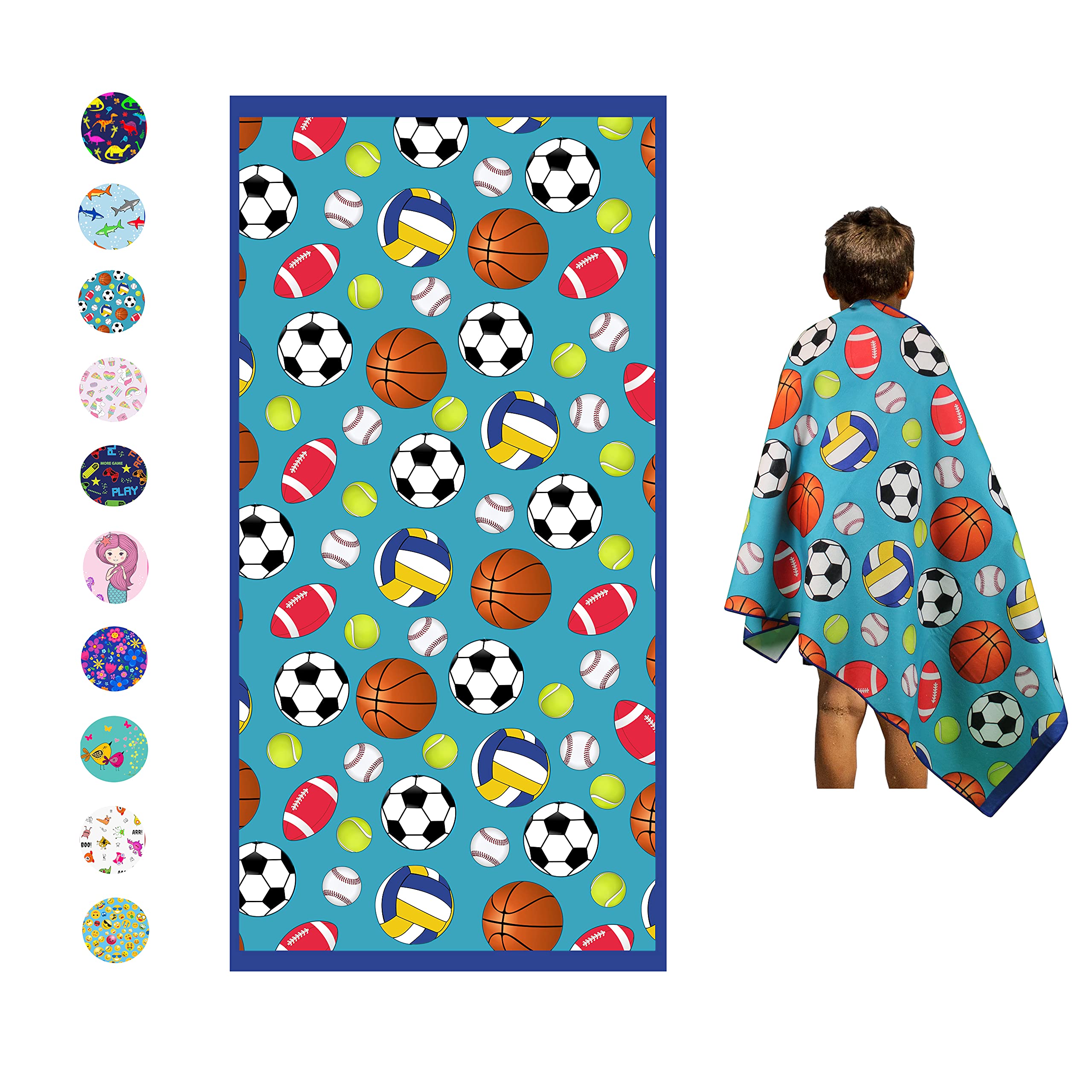 Microfiber Beach Towel for Kids - Thin and Large (30x60) - Sports Balls - Absorbent, quick dry, sand free, lightweight, blanket 