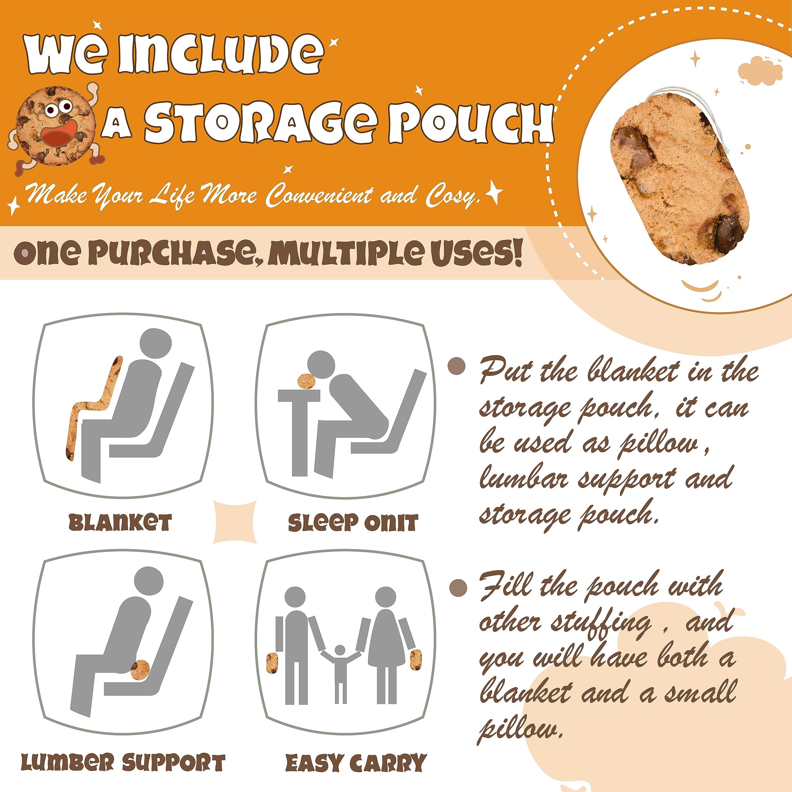 Bnuitland Cookies Funny Blanket,300 Gsm Double Sided Giant Realistic Food Blanket With A Storage Bag,Novelty Gift Blanket For Ad