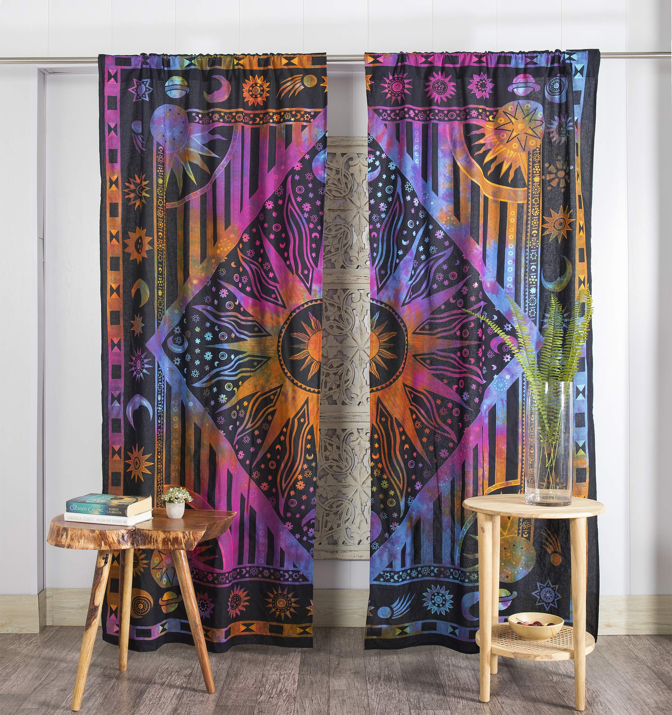 Popular Handicrafts Indian Burning Sun Hippie Mandala Window Curtains - Gypsy Tye Dye Bohemian Sun Moon Beautiful Drapery Bedroo