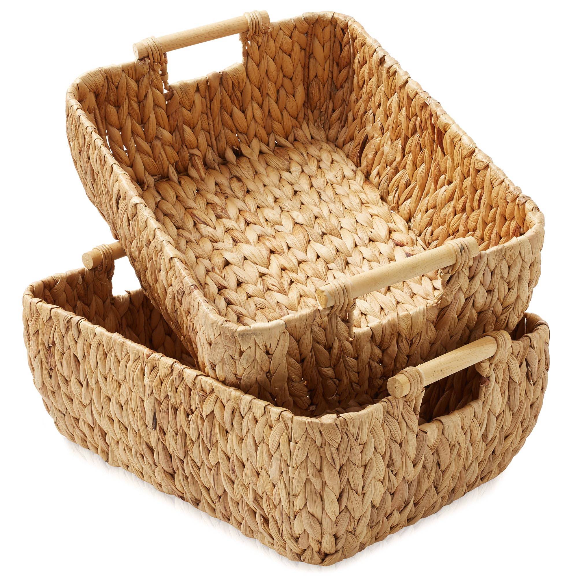 Casafield Set of 2 Water Hyacinth Oval Storage Baskets with Wooden Handles - Large, Woven Bin Organizers