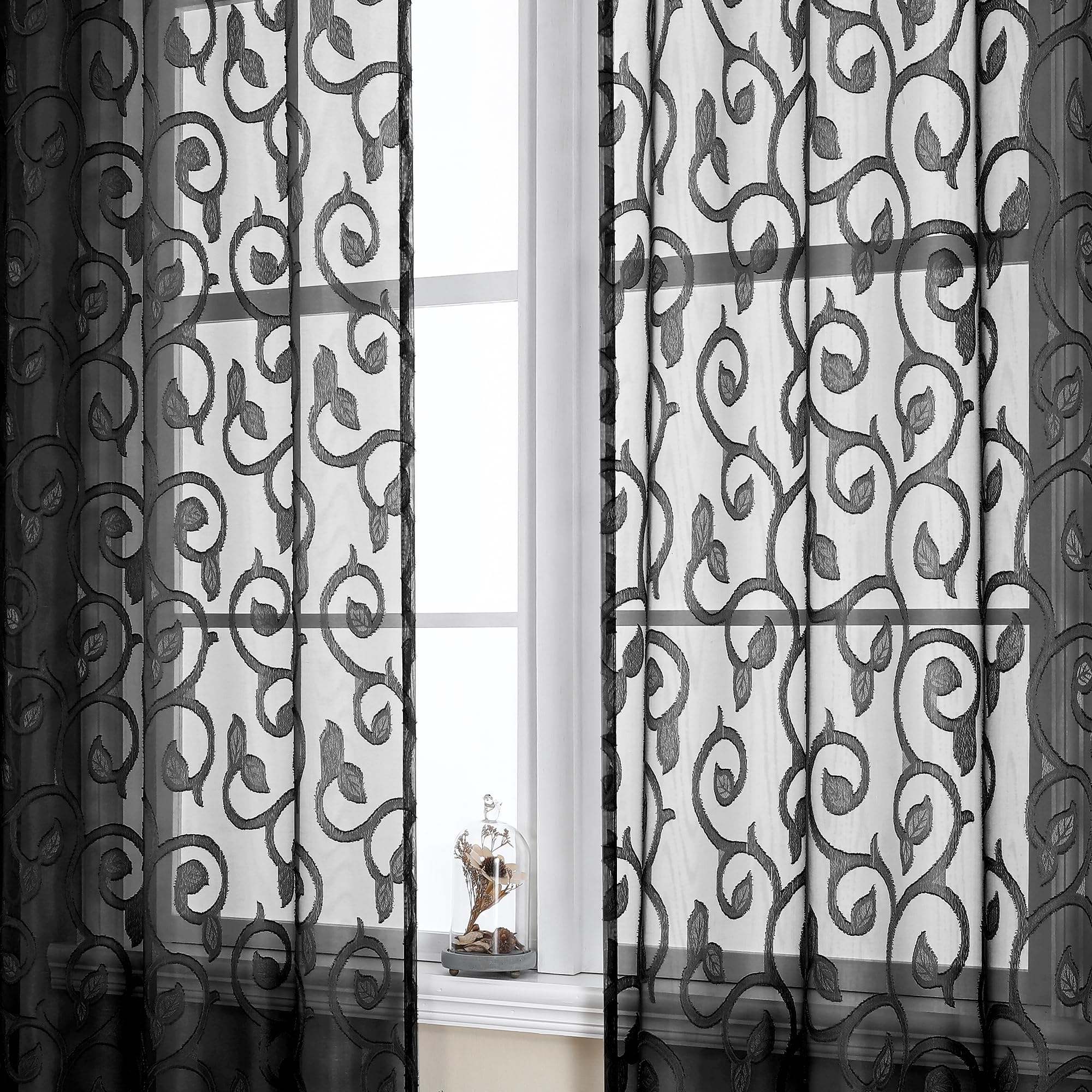 Owenie Furman Black Sheer Curtains 84 Inches Long For Bedroom Living Room 2 Panels Set, Light Filtering Window Curtains, Semi Tr