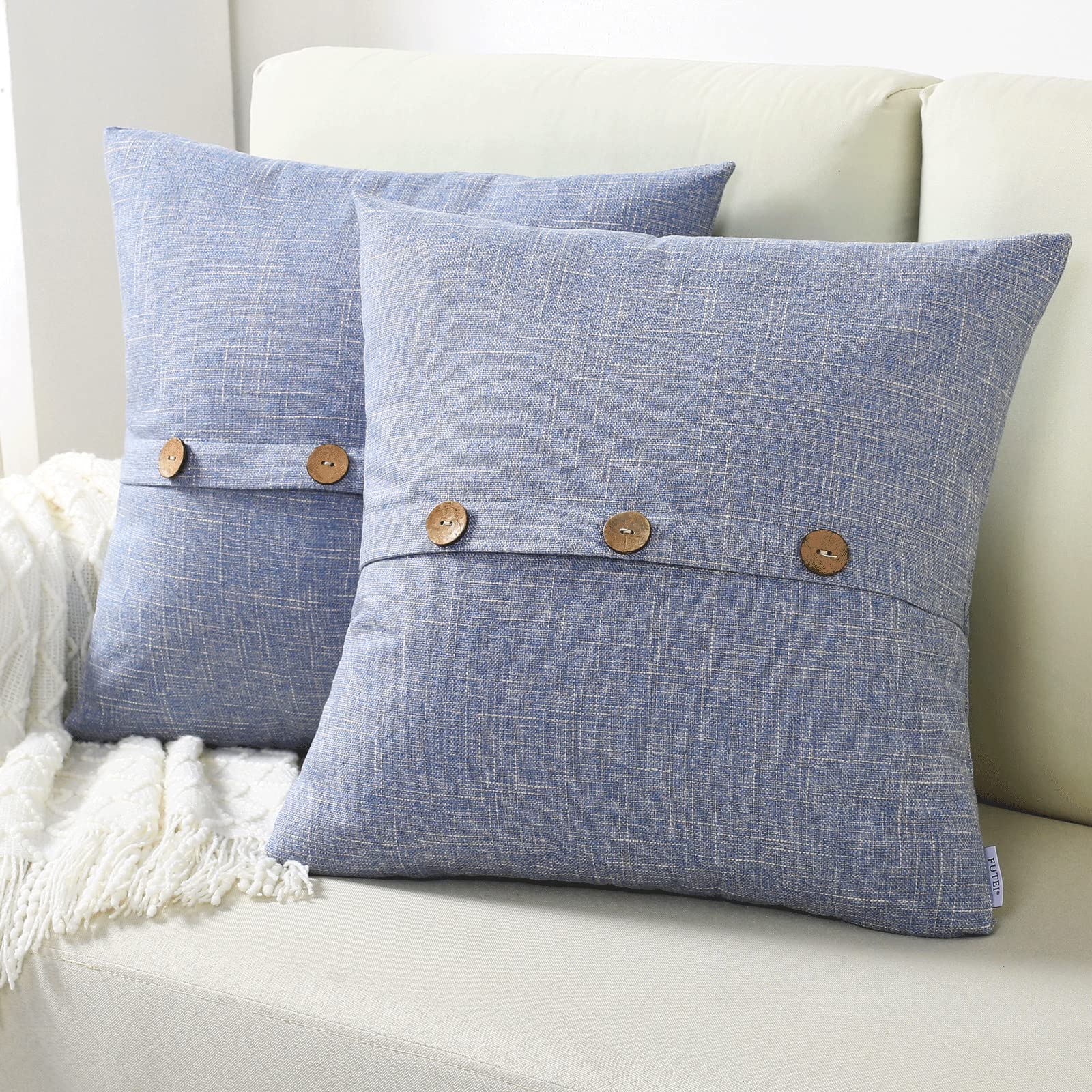 Futei Grey Blue Linen Decorative Throw Pillow Covers 16X16 Inch Set Of 2, Square Cushion Case With Vintage Button/Zipper,Modern
