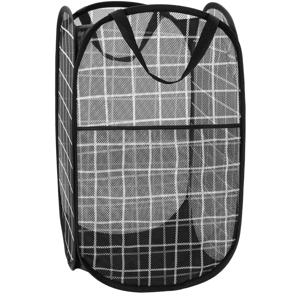 Collapsible Mesh Pop Up Laundry Basket Hamper, Grid Print, Black