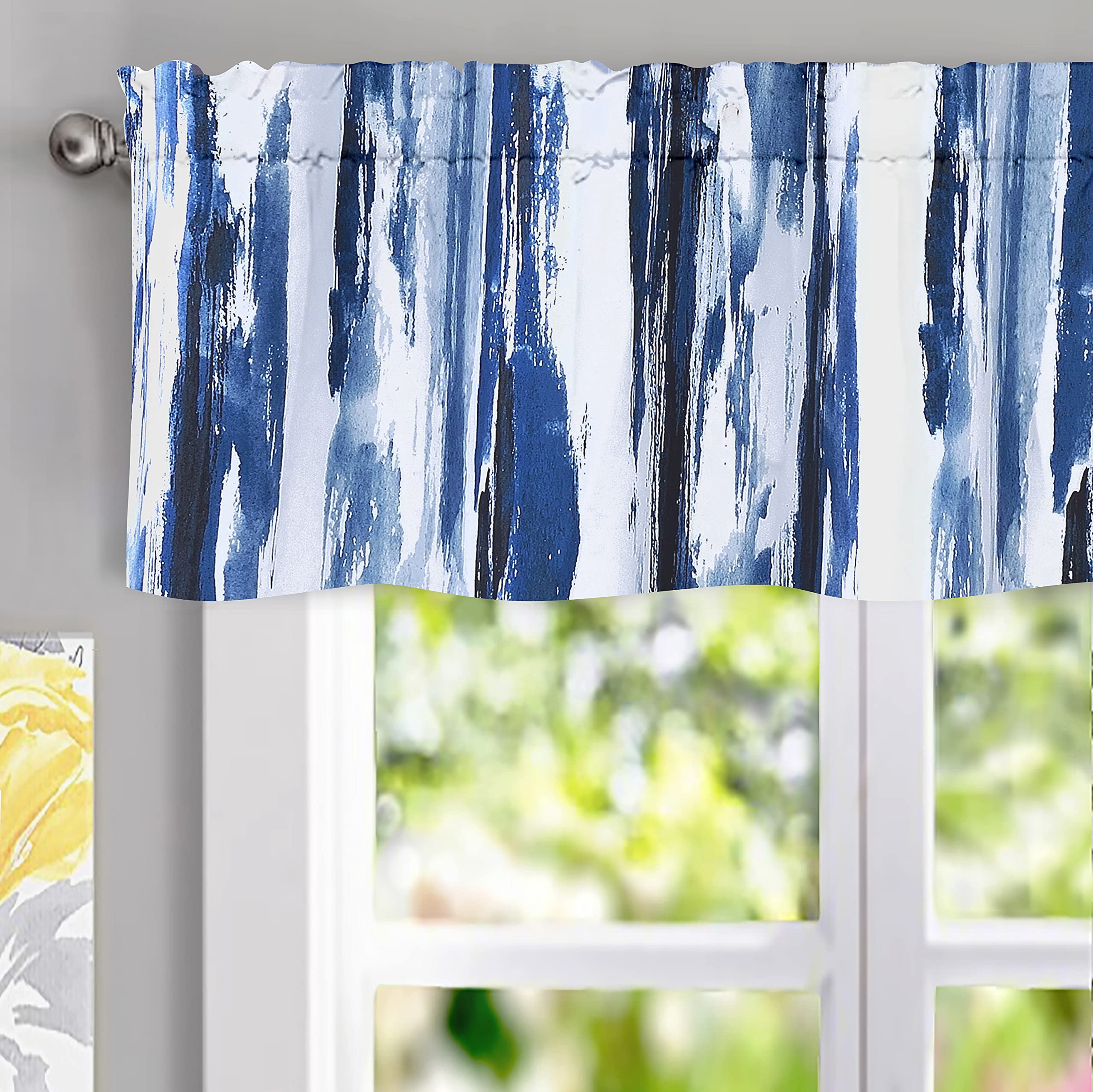 Driftaway Paint Brush Watercolor Lined Thermal Insulated Blackout Window Curtain Valance Rod Pocket Navy Blue White Ink Stripe P