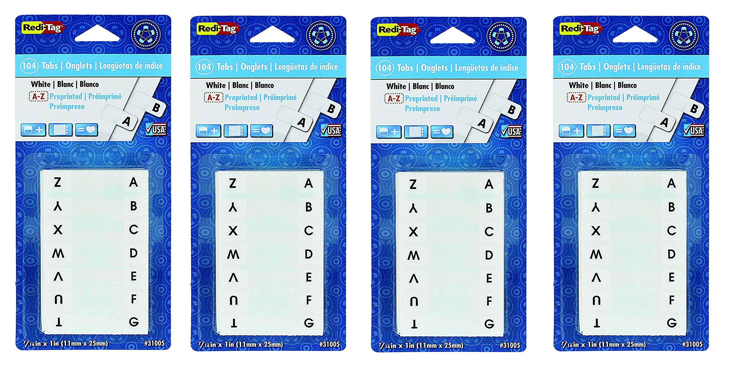 Redi-Tag Pre-Printed Index Tabs, A To Z, Permanent Adhesive, 7/16 X 1 Inches, 104 Tabs Per Pack, White With Black Print, Sold As