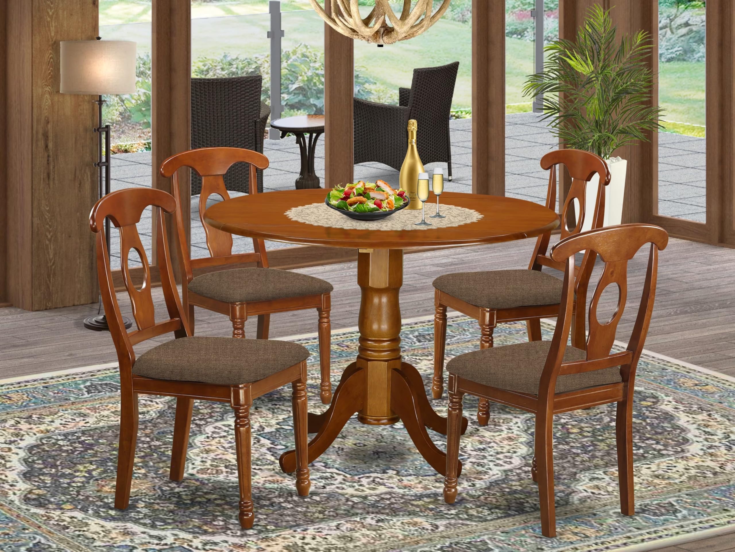 East West Furniture DLNA5-SBR-C 5 Piece Kitchen Table & Chairs Set Includes a Round Dining Room Table with Dropleaf and 4 Linen Fabric Upholstered Chairs, 42x42 Inch, Saddle Brown