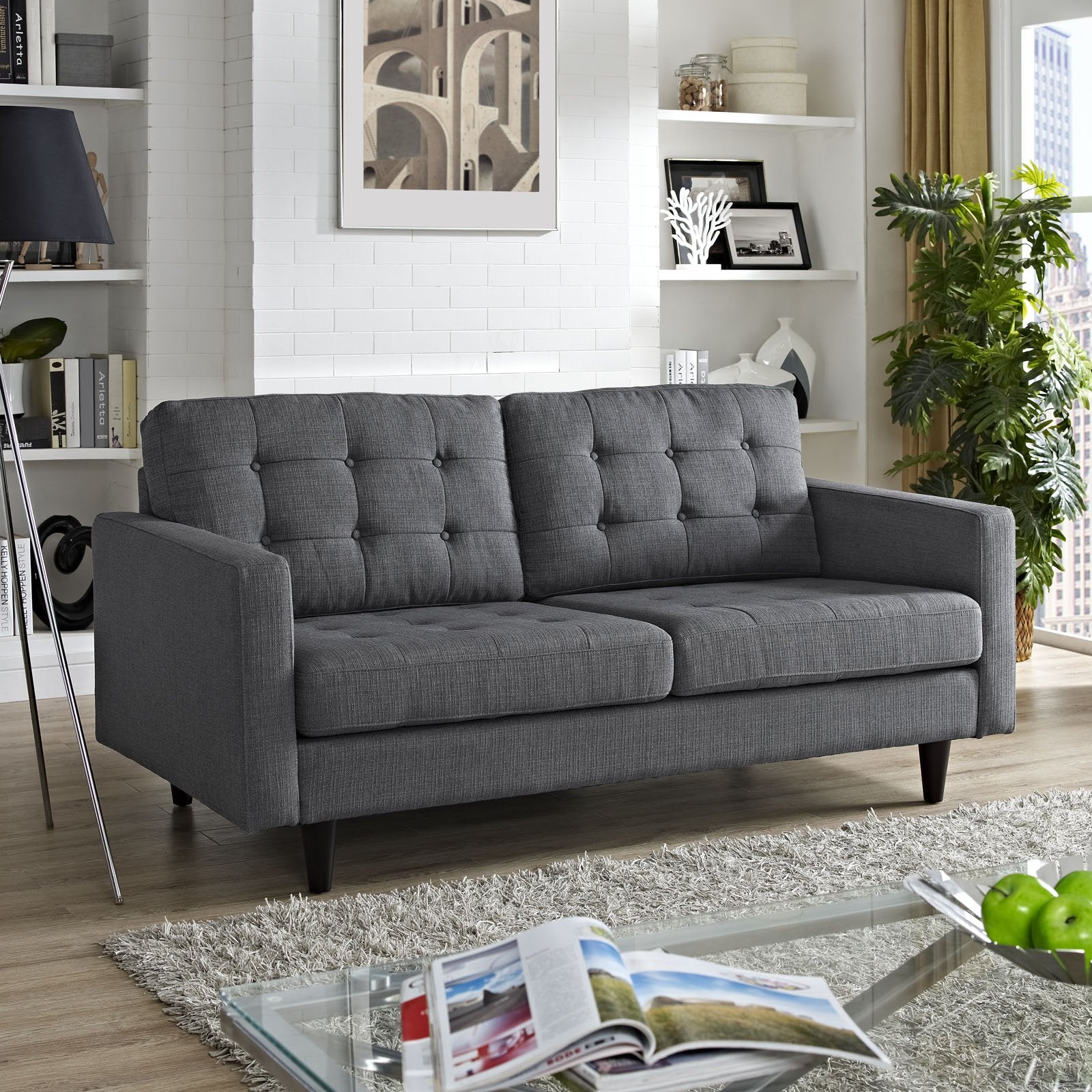 Modway Empress Mid-Century Modern Upholstered Fabric Living Room Sofa In Gray, Left Facing Bumper Sectional