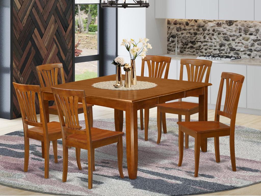 East West Furniture PFAV7-SBR-W 7 Piece Dining Table Set Consist of a Square Dining Room Table with Butterfly Leaf and 6 Wooden Seat Chairs, 54x54 Inch, Saddle Brown